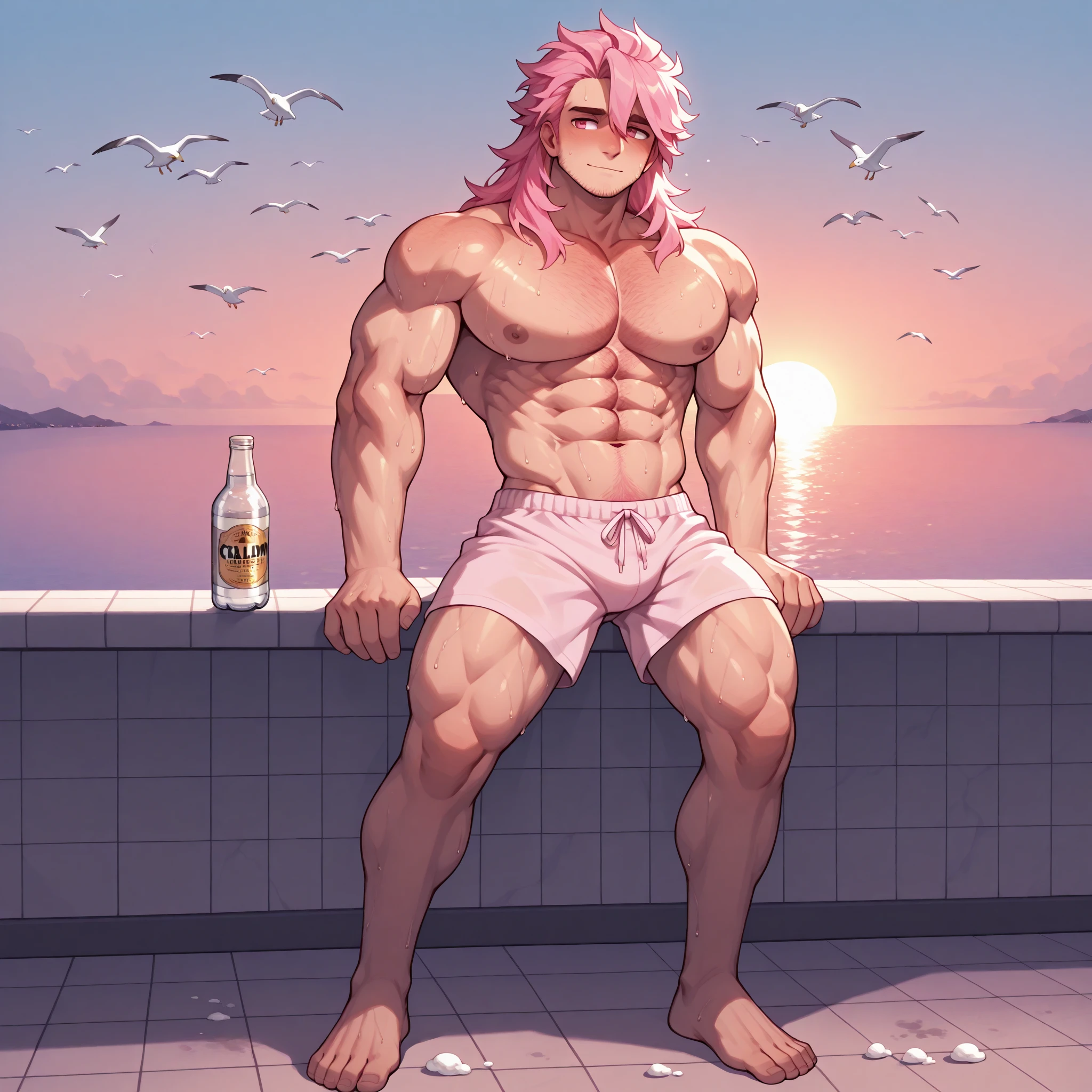 A handsome muscular pink haired man with violet eyes with long hair in swim trunks is drinking a tea at the beach with a smile