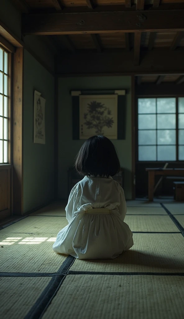 A zashiki-warashi is looking at me in a Japanese-style room、boy、6 years old、Spooky atmosphere、An illustration