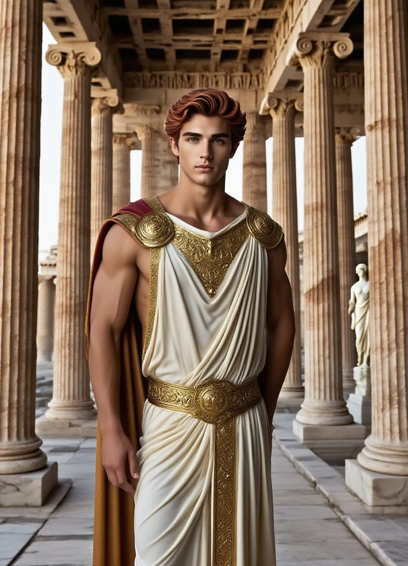 Portrait, 1boy, 17 years old, wears Greek toga, ancient Greece, handsome, Greek model, blonde boy, blue eyes, symmetrical, focus on the boy, medium shot, slim but defined body, looking at the camera, film grain, young god greek, beauty, pose, super model, young god greek beauty, representation of a Greek god, glorious, majestic, supreme, water, ocean, poseidon, artistic portrait, artistic pose, photography award