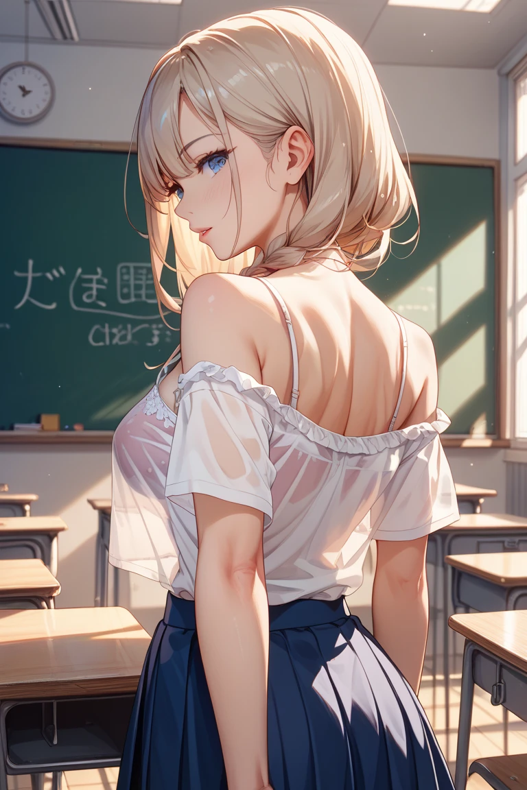 Highest quality、High resolution、Detailed Background、(Beautiful face in every detail:1.4)、Anatomically correct、(Highly detailed face)、(Detailed eyes)、Teenage beauty、(Huge breasts:1.3)、Perfect body line、Light color hair、Braided bob cut、cute hairstyle、well-groomed eyebrows、
Attractive upper arms、Excited、Crying face、Blushing、Accentuate your armpits、Show your shoulders and arms、Accentuate your cleavage、
(Woman posing with exposed armpits and looking at camera with embarrassed expression:1.5)、(Her white sleeveless blouse is so big that the buttons are about to come off and rip.:1.5)、Sitting at a desk in a school classroom、Navy blue pleated mini skirt、White Pantyhose、Panty Shot、cute