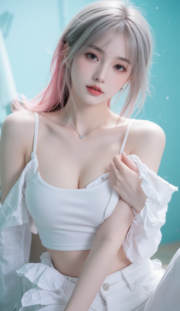 ((The photo shows her from the knees up.))、blush,Long white hair、squat down、 open your legs、Raise your arms,(White and light blue gothic lolita fashion),choker,loafers、Chest、Belly button、Hips、Street,(8k, RAW Photos, Highest quality, The pieces fly:1.2), (reality, Realistic:1.4), (非常に詳細な8k壁紙),  Sharp focus, Depth of written border, Cinema Lighting, Soft Light, Detailed beauty eyes,Asymmetrical bangs, Glowing Skin, Highly detailed skin ,High resolution, Attention to detail, Detailed hairstyle, Detailed beauty face, Hyper Real, Perfect limbs, Perfect Anatomy ,1 Japanese girl,Famous Japanese Idols, Perfect female body,A shy smile,Long eyelashes,double eyelid,Look straight here、Street,Stand up straight and face me,,look straight at me,,Small breasts