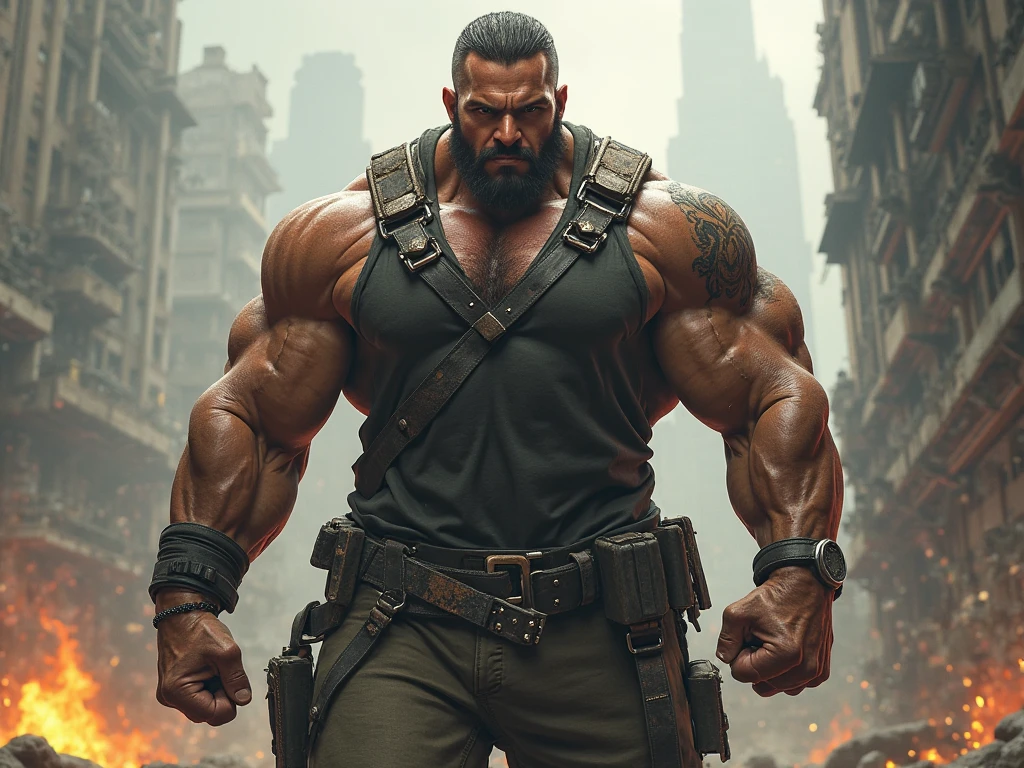 der riese、Muscle men、a chinese male、Doomsday style，gaming character，Armed with a heavy machine gun，Wear military boots，There are bullet chains on the body，A 2-meter-tall giant，Various gestures，Asian face，Put on a tactical vest，Lots of detail，super-fine，4K