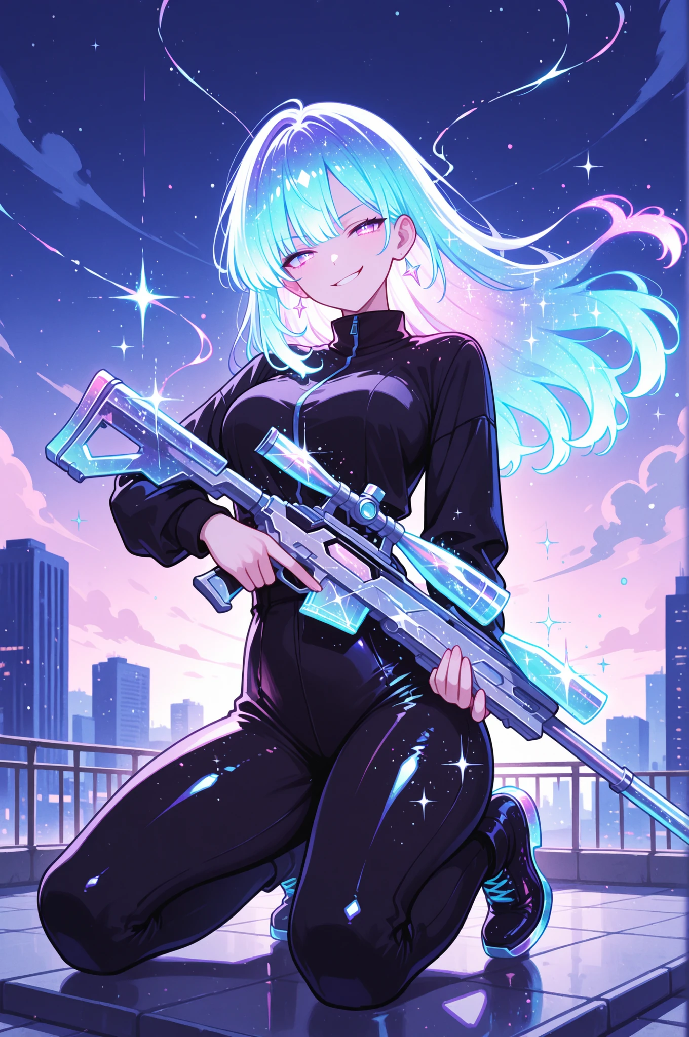 (masterpiece), best quality, 1girl, flirting smirk, kneeling on rooftop, holographic, holofoil glitter, faint, glowing, ethereal, neon hair, glowing hair, long hair, bob-like layers ,trigger discipline, sniper rifle, looking at the viewer