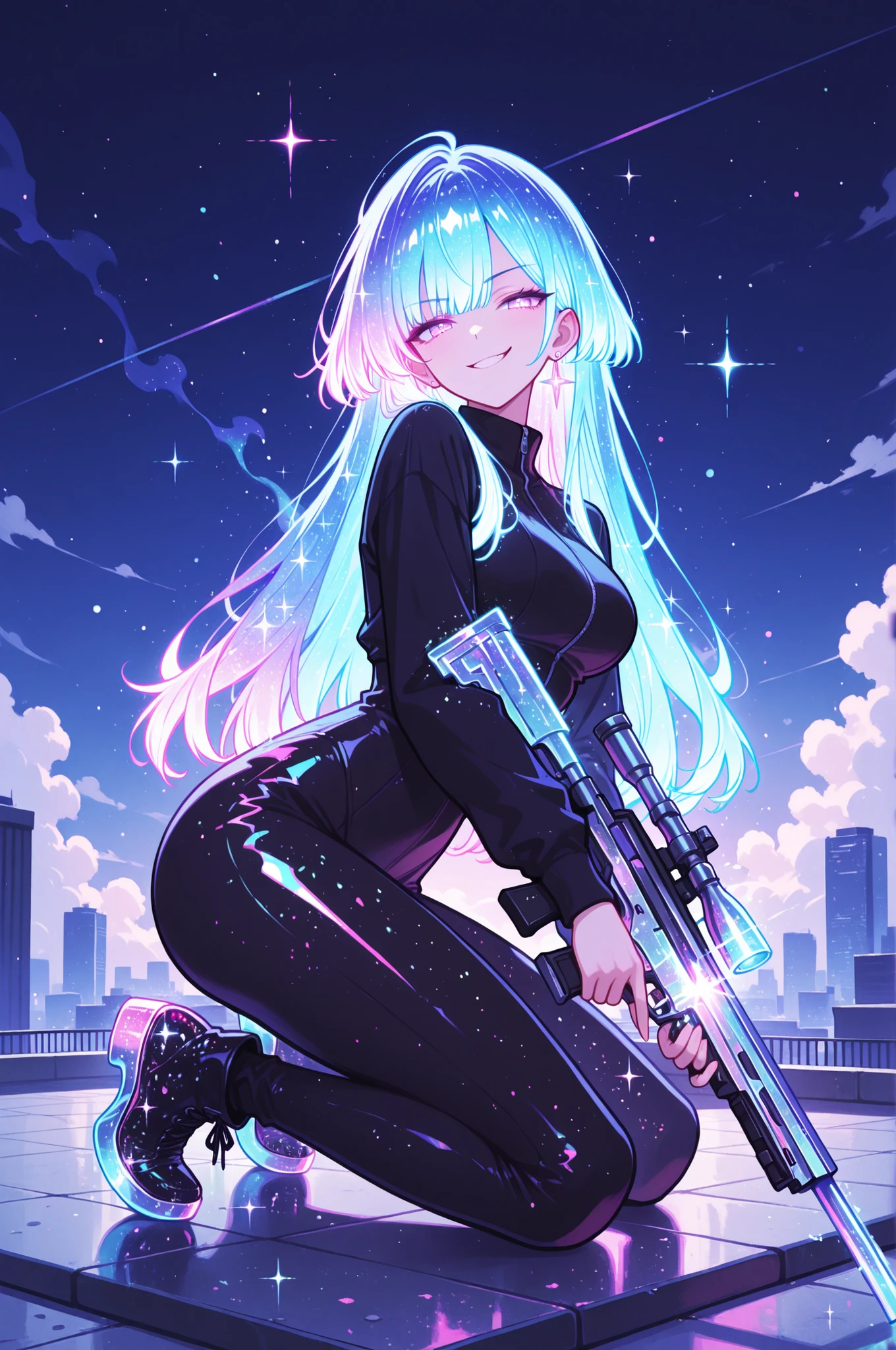 (masterpiece), best quality, 1girl, flirting smirk, kneeling on rooftop, holographic, holofoil glitter, faint, glowing, ethereal, neon hair, glowing hair, long hair, bob-like layers ,trigger discipline, sniper rifle, looking at the viewer