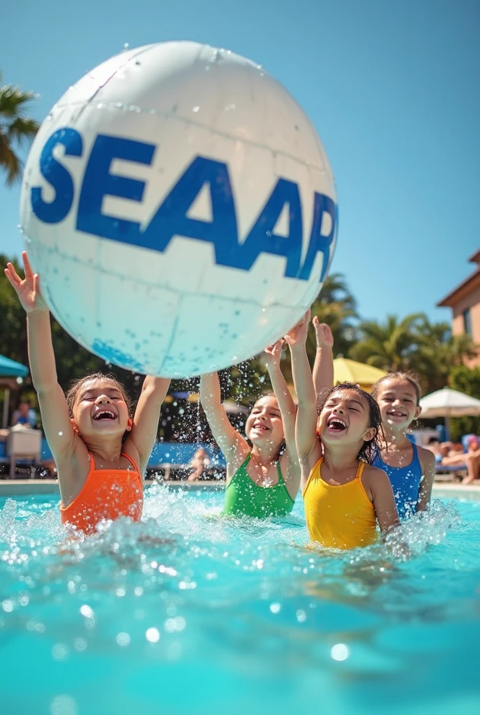 4 happy children aged 5-6 years old playing in an outdoor swimming pool, crystal clear turquoise water, bright daylight. Children splashing and laughing, playing with a large inflatable beach ball prominently featuring "SEAART" text in bold blue letters. Close-up shot, capturing their joyful expressions. One child throwing the SeaArt ball high, another reaching to catch it, two others splashing water playfully. Sunlight creating sparkles on water surface. Colorful swimming suits - orange, blue, yellow, and green. Background: blue sky, palm trees, colorful umbrellas. Photorealistic, 8k resolution, ultra HD quality, high detail skin texture, water droplets, dynamic motion, professional photography, sharp focus, perfect lighting, cinematic, hyper detailed, ray tracing, depth of field, soft shadows, color grading, HDR, masterpiece quality, ultra-realistic water effects