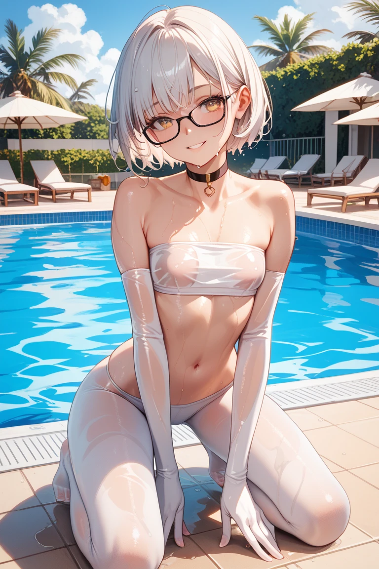 Top quality 8K UHD、pieces fly、cute eyes、Glasses、White competitive swimsuit、White latex high neck competitive swimsuit、white metallic high neck swimsuit、Glasses、short hair、Glassesをかけた短髪の銀髪美女、wet skin、from the chest up、Put your hands behind your hips