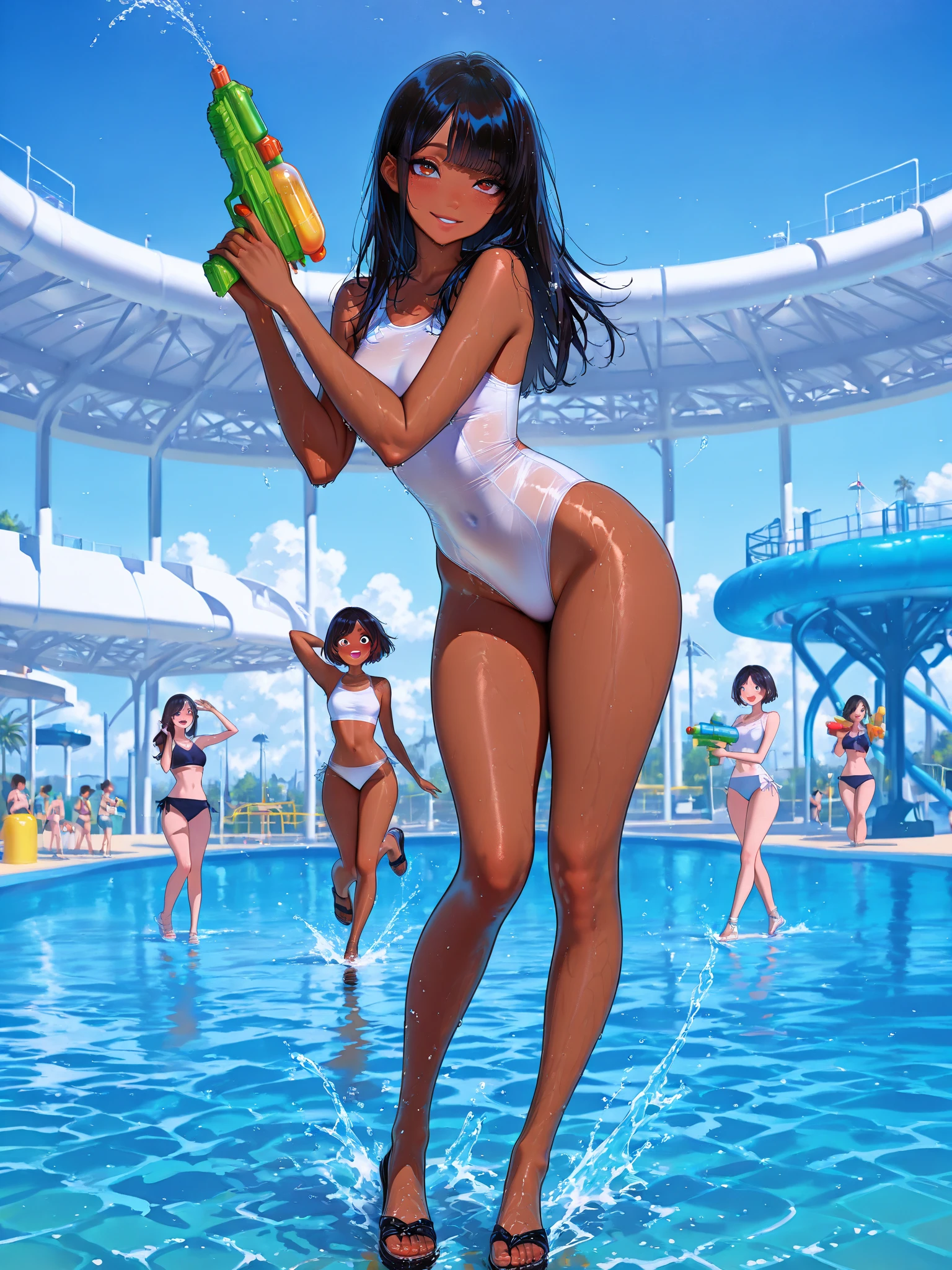 NSFW, (4+Girls:1.5),  oil, queuing, girls in row, crowd, Masterpiece, Top quality, hyper HD, Highest resolution, Very detailed, Professional lighting, Clean skin,  Slender, Very cute, Young face, huge tit，cleavage, Lower breast, Hands on chest, Wet body, (breasts out:1.4), Black hair, semi long hair, Hair ribbon, Blue eyes, Blush, (breasts out: 1.1), Open legs, Legs raised, navel, From below, Wet body, (breasts out: 1.4), (Plastic bag 1.2), swim wears, pool, (Wind: 1.3)