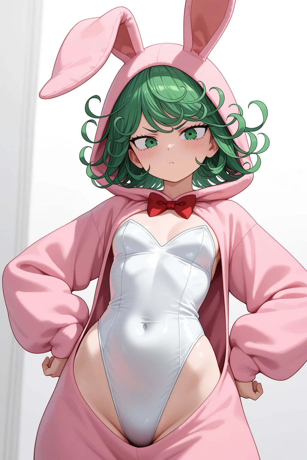  score_9,score_8_up,score_7_up, source_cartoon, source_furry, kemono style, ralsei from deltarune, Anthro furry goat boy, pink horns, pink eyes, feminine, femboy,  tall slender body, hourglass figure,  fully naked, nude, white furry body, wearing only his hat, green open cloak, pink thong, lying on a bed, bashful pose, bashfully tugging on the front of his hat