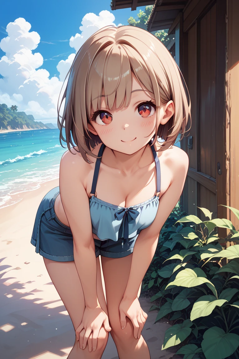 masterpiece, highest quality, High resolution, aamikoto, short hair, Exposing shoulders, Swimwear、Jumping, Outdoor,barefoot,Looking up,Embarrassed face,Cat-like、Angle from below、Big Breasts