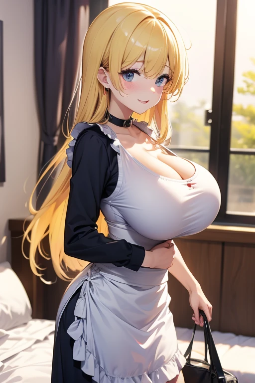(Best Quality, masutepiece, Official art, hight resolution:1.2), the Extremely Detailed CG Unity 8K Wallpapers, photographrealistic, ultra-detailliert, (24-year-old Russian girl, Solo, maid), Long hair, (Blonde hair:1.2), (Bangs), Smile, prefect face, Pre-Blue Eye, blush, Open mouth, (Huge breasts, drooping chest, cleavage:1.2), thighs thighs thighs thighs, Maid headdress, Waist apron, White Apron, frilld, black thighhighs, Choker, earrings, 手链, Standing, Look up,