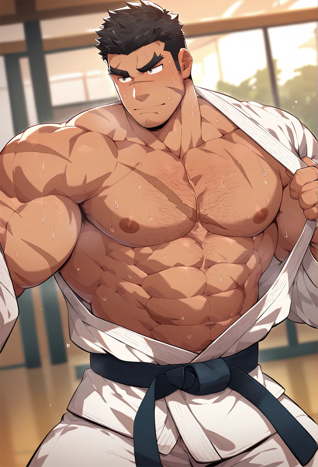 Shirtless and wearing white pants、A full-body image of a 35-year-old Japanese, topless, skinny physique athlete with a shaved head and moustache, wearing a black belt, kneeling in front of the dojo in a dimly lit area with his hands behind his back and a stern look on his face.