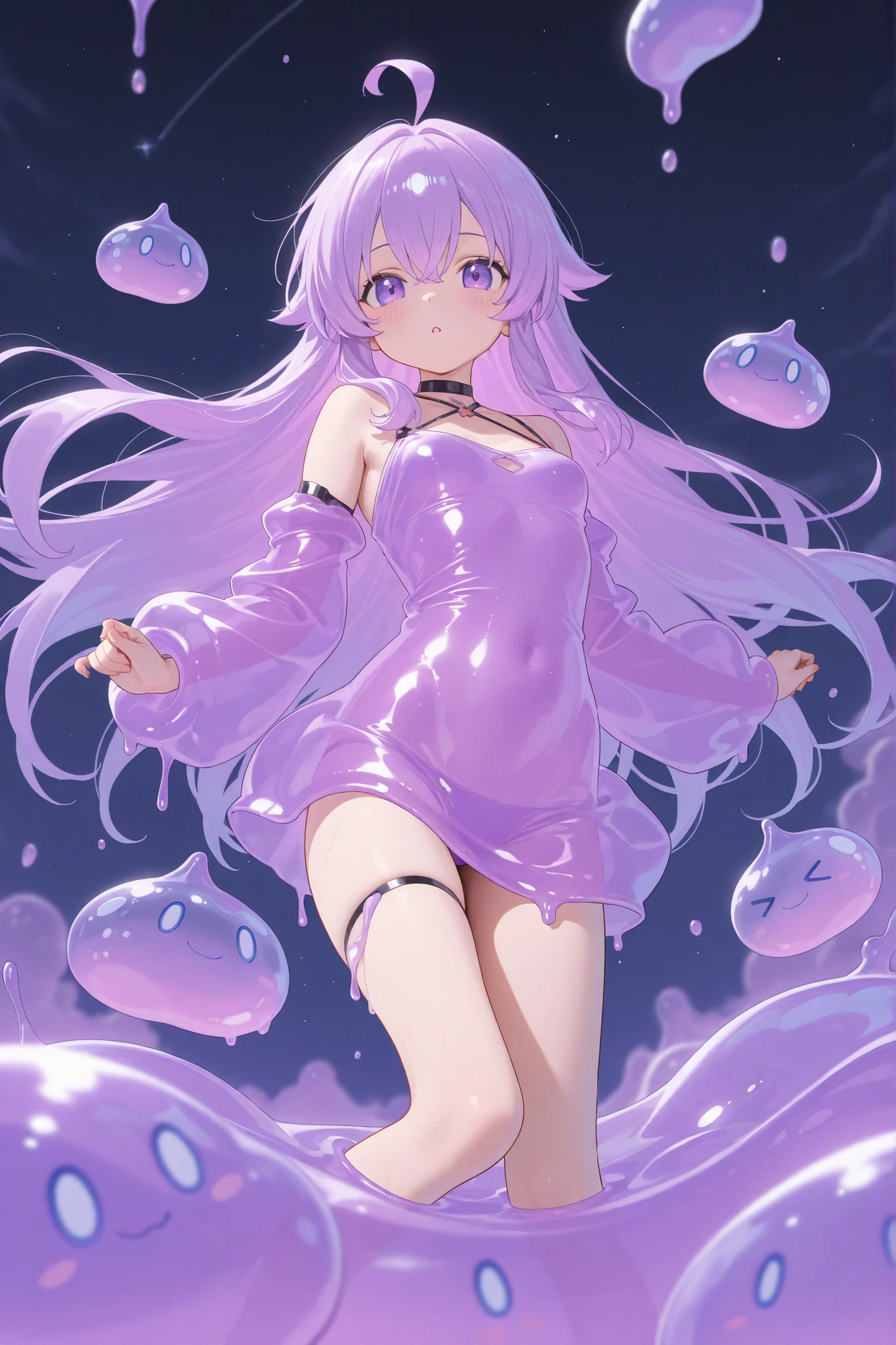 1girl, smile, mouth open, medium breasts, long and messy hair, messy bangs, purple hair, purple eyes, nude, inside a pool of purple goo, covered in purple slime, industrial waste, industrial zone, toxic zone, masterpiece quality, ultra HD, 4K, best quality, 