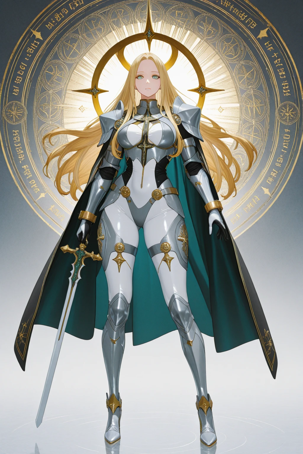 (1girl), wearing a heavy knight armor, dark armor, intricate black and gold armor details, intricate beautiful green fields, legendary, futuristic, saint seiya, long blonde hair, muscular, power pose, highly detailed background, fire in the eyes, aura power, highly detailed, white cape, smile
