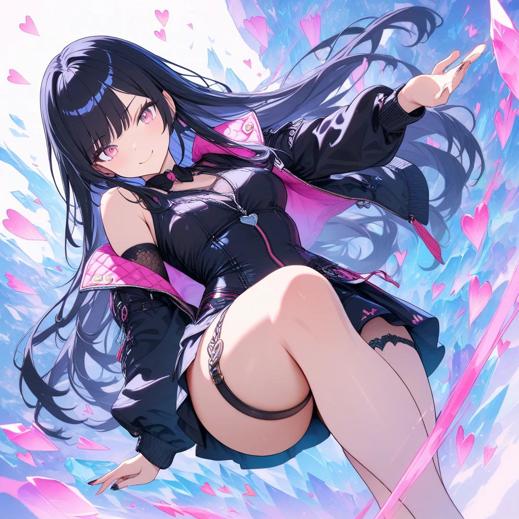 best quality, super fine, 16k, extremely detailed, delicate and dynamic, cute woman, baby face,black straight hair,  pink eyes, A detailed eye, seductive grin, source_anime, high detail, hair ornament,  small breasts, solo, 1girl,  thighs, light blue bra, light blue panties, Two-side-up,malicious smile、Young features, looking at viewer, (white background:1.2),long-sleeve,puffy sleeves fluffy hair、Elementary school girls, Put your hand on your face, hair clips、(Ridicule:1.1)、looking-down、Looking from below angle,Being looked down upon by girls,Black Stockings,stand girl