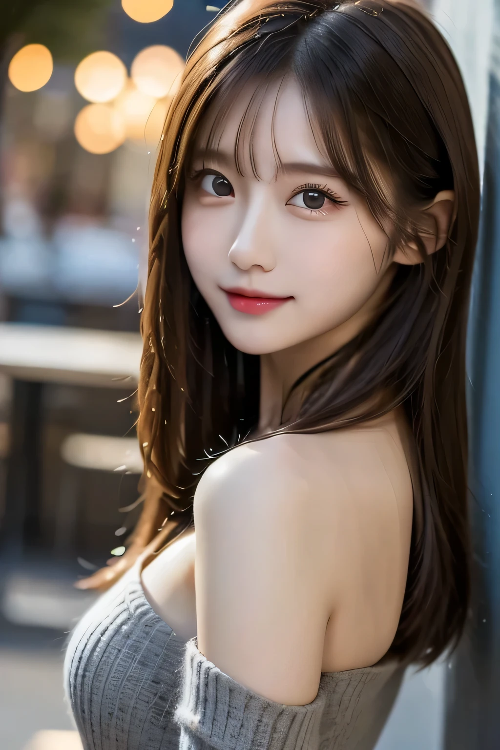 masterpiece、1 beautiful girl、Detailed eyes、Puffy eyes、Highest quality, 超High resolution, (Reality: 1.4), Cinema Lighting、Japanese、Asian Beauty、Super Beauty、Beautiful Skin、Slender、Body facing forward、(Surreal)、(High resolution)、(8k)、(Very detailed)、(Beautiful and detailed eyes)、(Ultra-detailed)、 (wall-)、Detailed face、Bright lighting、Professional Lighting、View your viewers、Look straight ahead、(The costume is a knit dress)、Long Hair, My hair is messy, Asymmetrical bangs, 、Night Scenery、Brown Hair、Japan is an idol、Korean Idol、Gravure idol pose、Age 18、expensive, smile、Large Breasts, 