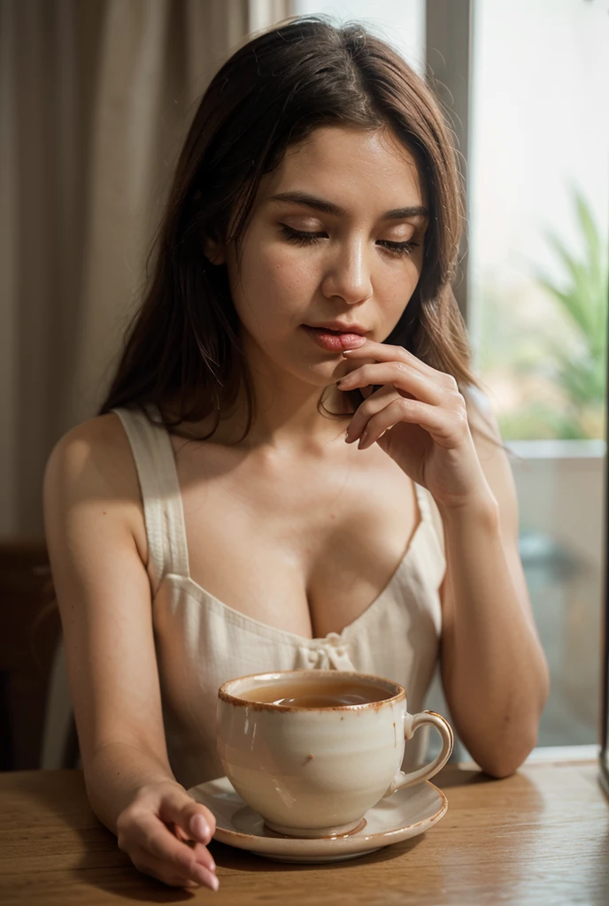 Robust man with beard in his 40s, hair on the arms, hair on the breasts, sensual woman sitting in front of a table drinking coffee and with a serious look reflecting on something serious