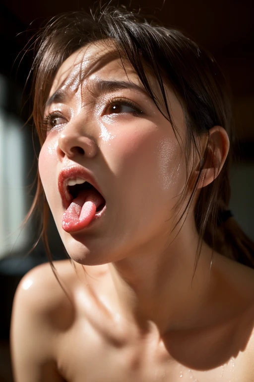 Beautiful Japanese actresses、1 girl,flying debris,,Award-winning photo, Very detailed,Face Focus, Big double eyes(Woman with open mouth and closed eyes ), 18-year-old、Black Hair、Shiny skin、(((Macro close up of face)))、Realistic nostrils、Long and narrow nasal cavity,,,、high school,staff room,Squat、((Tank top,Shorts))、Big Breasts、(Sharp Nose)Frowning performance:1.4,,performance,Frowning,please raise your head、Skin shiny with sweat,Oily facial skin,Tied Hair,Squatting and giving a blowjob,female teacher,Squatting in the hallway、Squat、50 degree hot room、Skin shiny with sweat、Wet transparent fabric,Sweaty all over my face,A face enduring intense pain、Screaming face,Open your mouth wide and shout,((Ahegao, Drooling, Saliva trace, Long Tongue, Face to face, Textured skin, Anatomically correct, 超High resolution, High resolution))Head is up,((Face close-up))