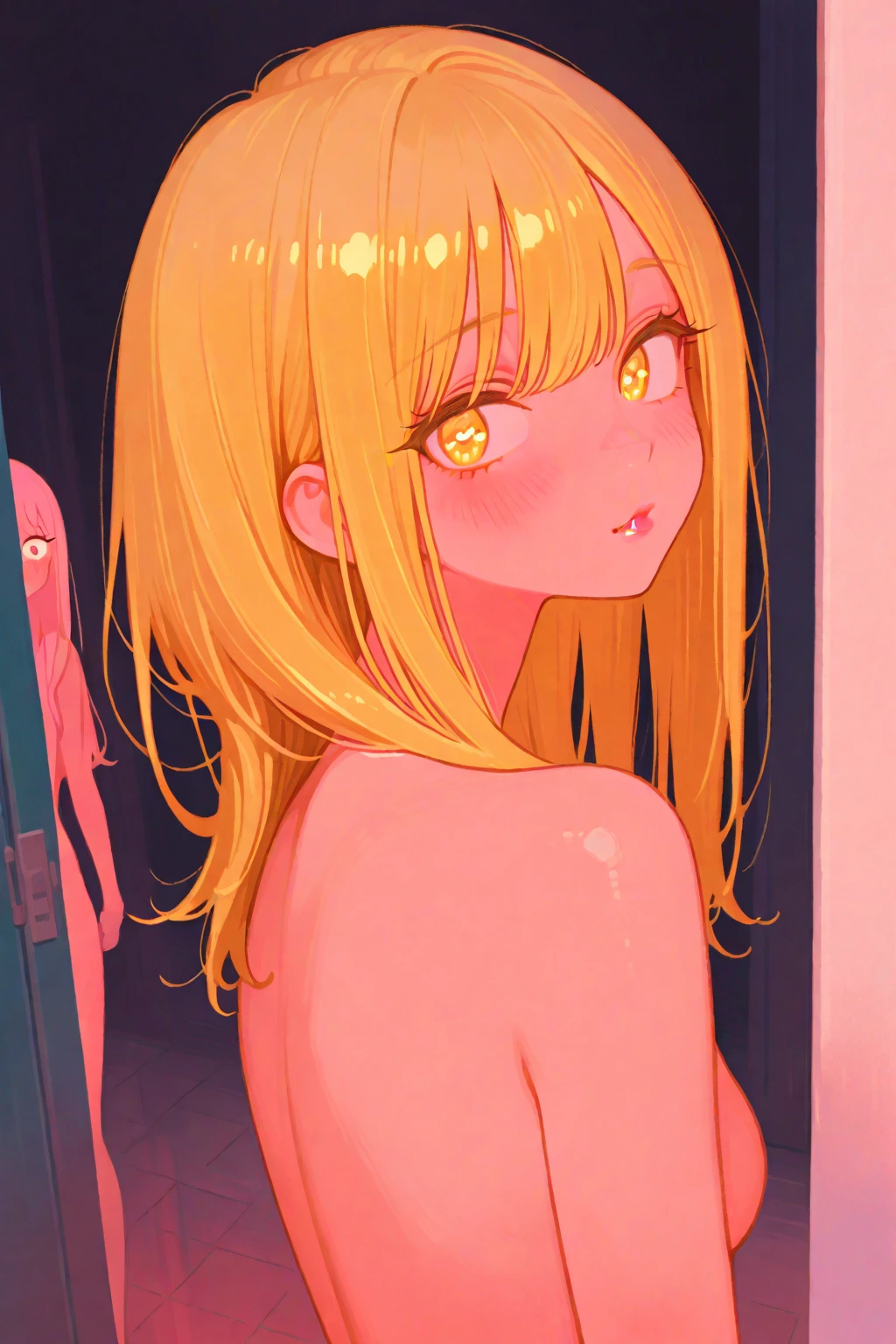 , Tt_flat, topless, topless, topless, 小柄な liTtle small junior body, tiny, mirai, Yellowhair, An innocent smile, Open your mouth, Large nipples, Highest quality, masterpiece, Ultra-high resolution, One girl, In the Dark, Deep Shadow, Modest, Cold Light, Sexy Looks, anime, high quality, high detail, beautiful, 8K, Ultra HD,