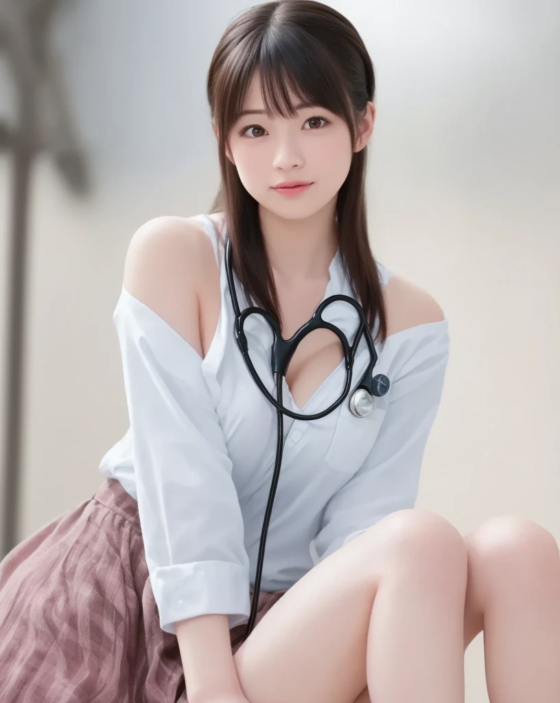 a beauty girl, Beautiful , Slender body, Realistic, extremely detailed CG unified 8k wallpaper, High-definition raw color photos, professional photograpy, Realistic portrait, Beautiful detailed girl, (Beautiful small breasts:), (cleavage of the breast:1.2), (Uniform with wide open chest:1.5), (Check skirt:1.duck, (Squatting:1.5), (ankle socks and white sneakers:1.5) , School Girl, (Best Quality:1.4), Super Detail, High quality, masutepiece, (View from below:1.2)、Under white、a baby face、A slight smil、Put your hands on your knees、An ultra-high picture quality、panty focused、Squat down with your heels on the ground、Pure white panties、