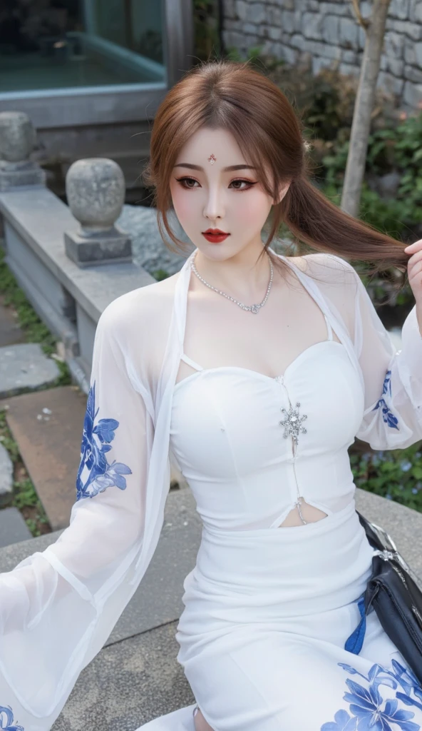 ( best quality、8K、masterpiece、Practical:1.3 )、 1 female、( Garden with a famous classical castle in the background )、( Very high quality dark background : 1.2)、Natural bright sunlight、Blue sky、Brown hair tied up、Beautiful woman with perfect body: 1.4、Highly detailed face and skin textures、Exquisite eyes、Double eyelids、far away : 1.2 、I can see the whole body、White maid、White maid headband、Ruffled shirt、Ribbon Tie、apron、High heel 、 ( Skirt hem lifted show : 1.3 )