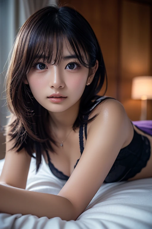 best qualtiy, tmasterpiece, ultra high resolution, (realisticlying:1.5), RAW photogr, 1girll, in the darkness nigth, deep shading, low tune, cold light, short detailed hair,Dress revealingly,panties,Crop bra,Slim figure,18-year-old model,small bust,Lie down in bed,Wet temptation