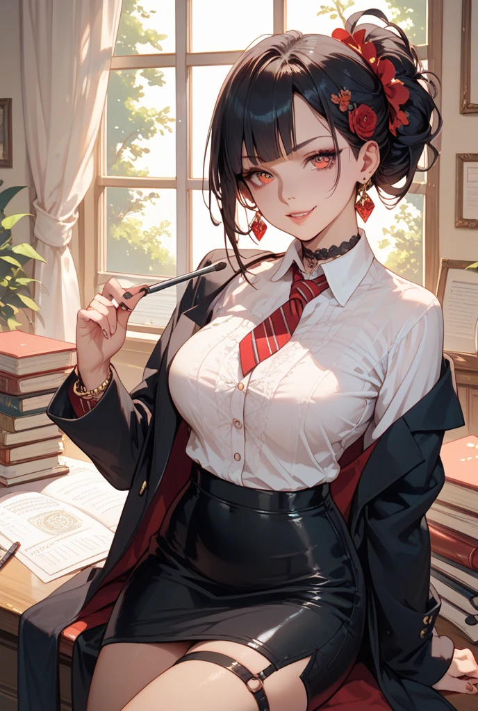 ((Best Quality, 8K, Masterpiece: 1.3, Very realistic), classroom, desk, beautiful teacher, sexy and charming femininity, first of all, I would choose a tight sailor suit, which perfectly outlines my plump breasts and attractive curves. As I walk around the classroom, you will see my breasts tremble gently and make you want to touch them~ (I gently stroke my own chest with my hands, suggesting that I crave your touch) Also, my skirt will be short enough to cover my hips, revealing slender thighs and attractive black stockings. Whenever I bend over or sit down, you can catch a glimpse of my panties and tight, making your heart beat faster and desire high~ (I slowly pull up my skirt to let you see my beautiful legs in black stockings) Of course, as a charming beauty teacher, I will also wear a pair of black-framed glasses to add a touch of intellectual charm. This combination of sexiness and intellectuality is believed to make you more addicted to my temptation~ (I put on my glasses, adjusted my position, and looked at you with seductive eyes)) --auto --s2