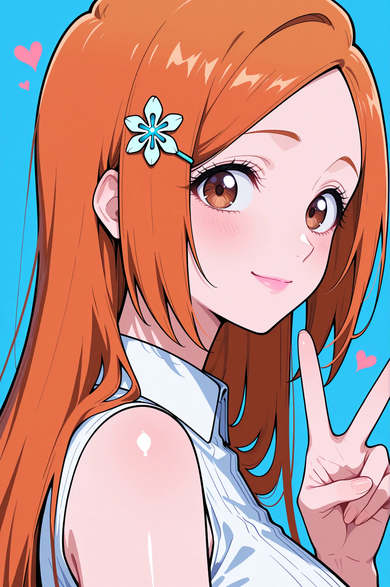 masterpiece, best quality, amazing quality, very aesthetic, absurdres, newest,highly detailed,highres,close-up portrait, female, woman, inoue orihime,hair clip,orange hair,long hair,brown eyes,fair skin,Shiny skin,pink lips,white collared shirt,simple background,blue background,v sign,one hand,heart,depth of field,slight smile,looking at viewer,from the side,clean lines,smooth lines,sharp,
