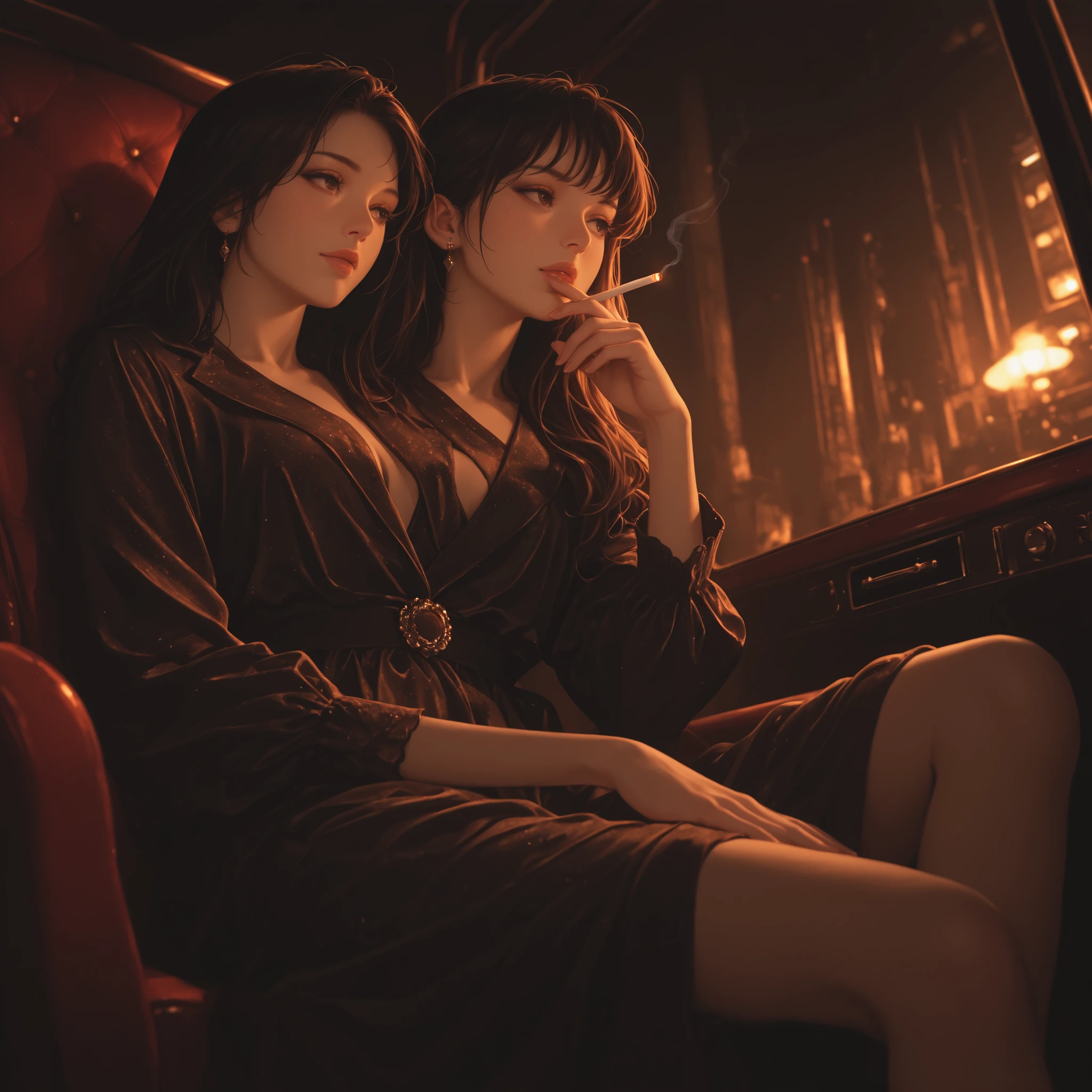 realistic,  vintage photos , casual photo, dynamic angle, Turning eyes, , sitting in a luxury booth and holding a long cigarette with her fingers., elegant, , a great business., His name is Rico, He's a beautiful woman wearing diamond, 

masterpieces, recent, very aesthetic, Exquisite detail, unreasonable, HiRez, best quality inside the vehicle, fine detail, Depth , lower scatter, colorful, sharp, cinematic lights, volumetric lighting, 