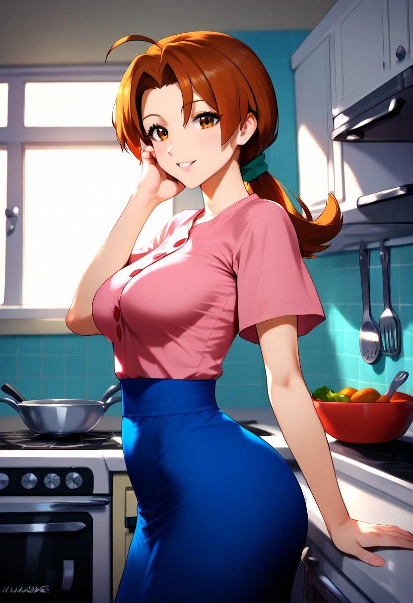 masterpiece, best quality, pkmnDelia, ponytail, pink shirt, blue skirt, large breasts, indoors, kitchen, looking at viewer, smile, cooking