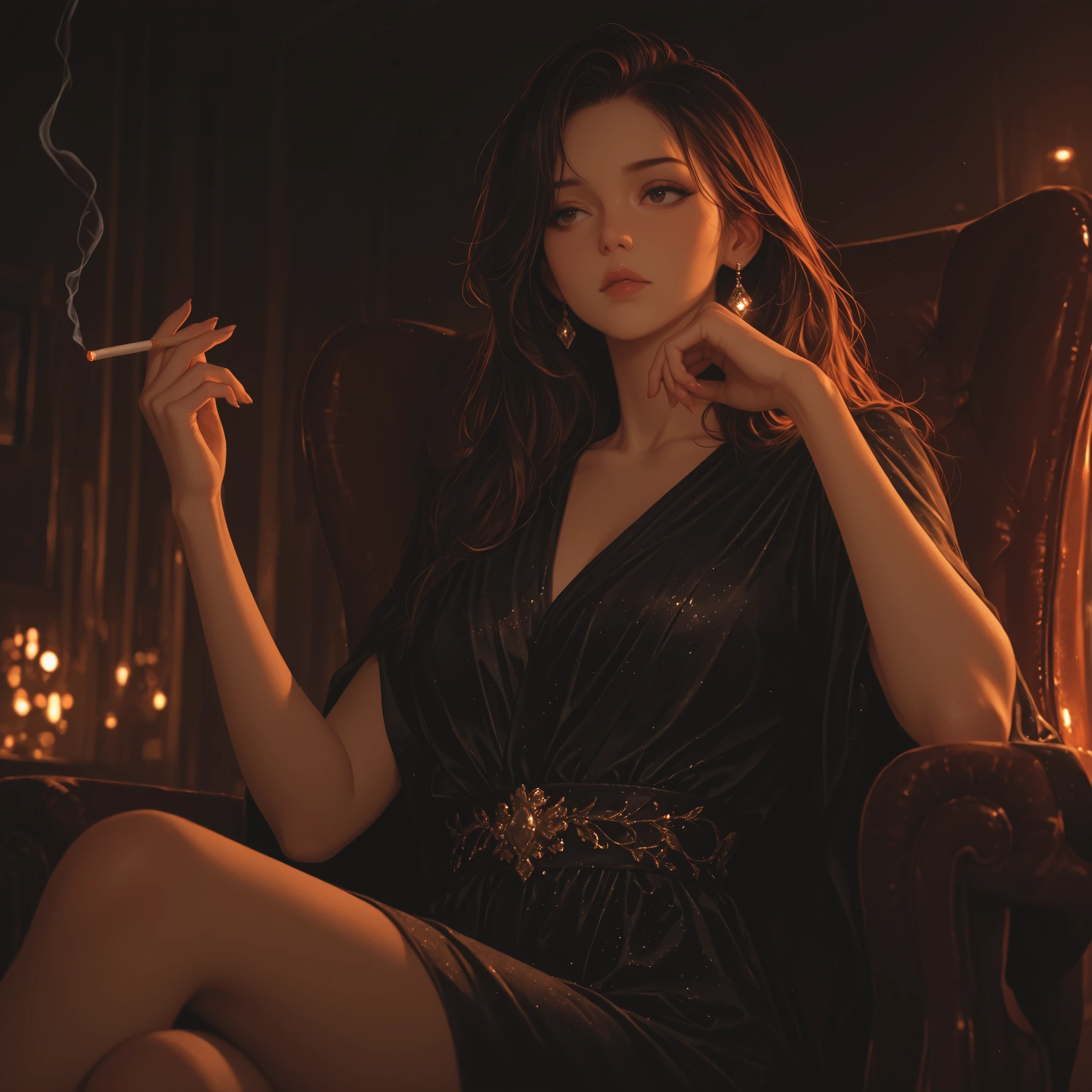 realistic, vintage photos , casual photo, dynamic angle, Turning eyes, , sitting in a luxury booth and holding a long cigarette with her fingers., elegant, , a great business., His name is Rico, He's a beautiful woman wearing diamond,
masterpieces, recent, very aesthetic, Exquisite detail, unreasonable, HiRez, best quality inside the vehicle, fine detail, Depth , lower scatter, colorful, sharp, cinematic lights, volumetric lighting,