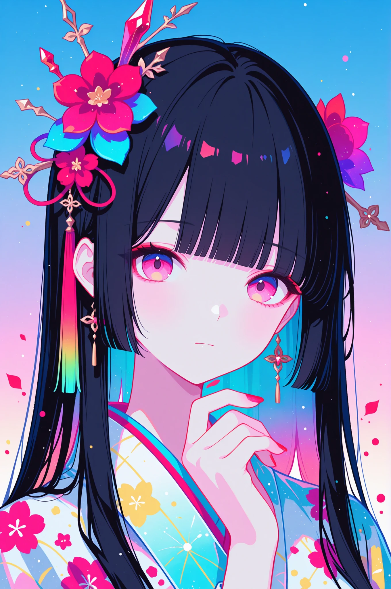woman, solo, ethereal, crystal red nails, looking at viewer, bangs, pink eyes, long hair, black hair, hair ornament, hand up, flower, blunt bangs, closed mouth, tassel, ribbon, portrait, colorful, gradient background, floral yukata, multicolored hair, upper body,