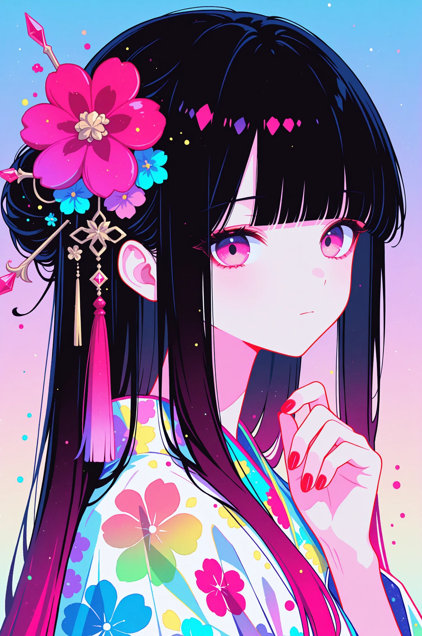woman, solo, ethereal, crystal red nails, looking at viewer, bangs, pink eyes, long hair, black hair, hair ornament, hand up, flower, blunt bangs, closed mouth, tassel, ribbon, portrait, colorful, gradient background, floral yukata, multicolored hair, upper body,
