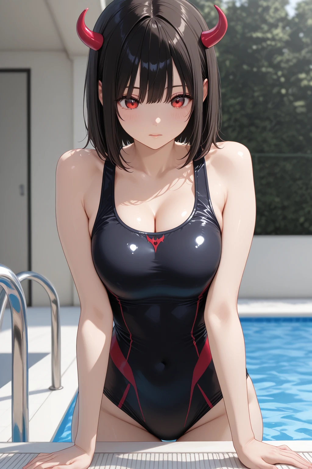 Picture an anime girl with glossy onyx-black hair styled in a sleek bob, reflecting the strength of a Terracotta Warrior. Her latex swimsuit, inspired by the ancient terracotta army, features a bold combination of deep terracotta red and metallic accents. Posing in a historical archaeological site with terracotta statues, she stands with a confident stance. The latex swimsuit has intricate terracotta warrior motifs, and her expression exudes strength and determination, capturing the essence of a Terracotta Warrior Guardian.