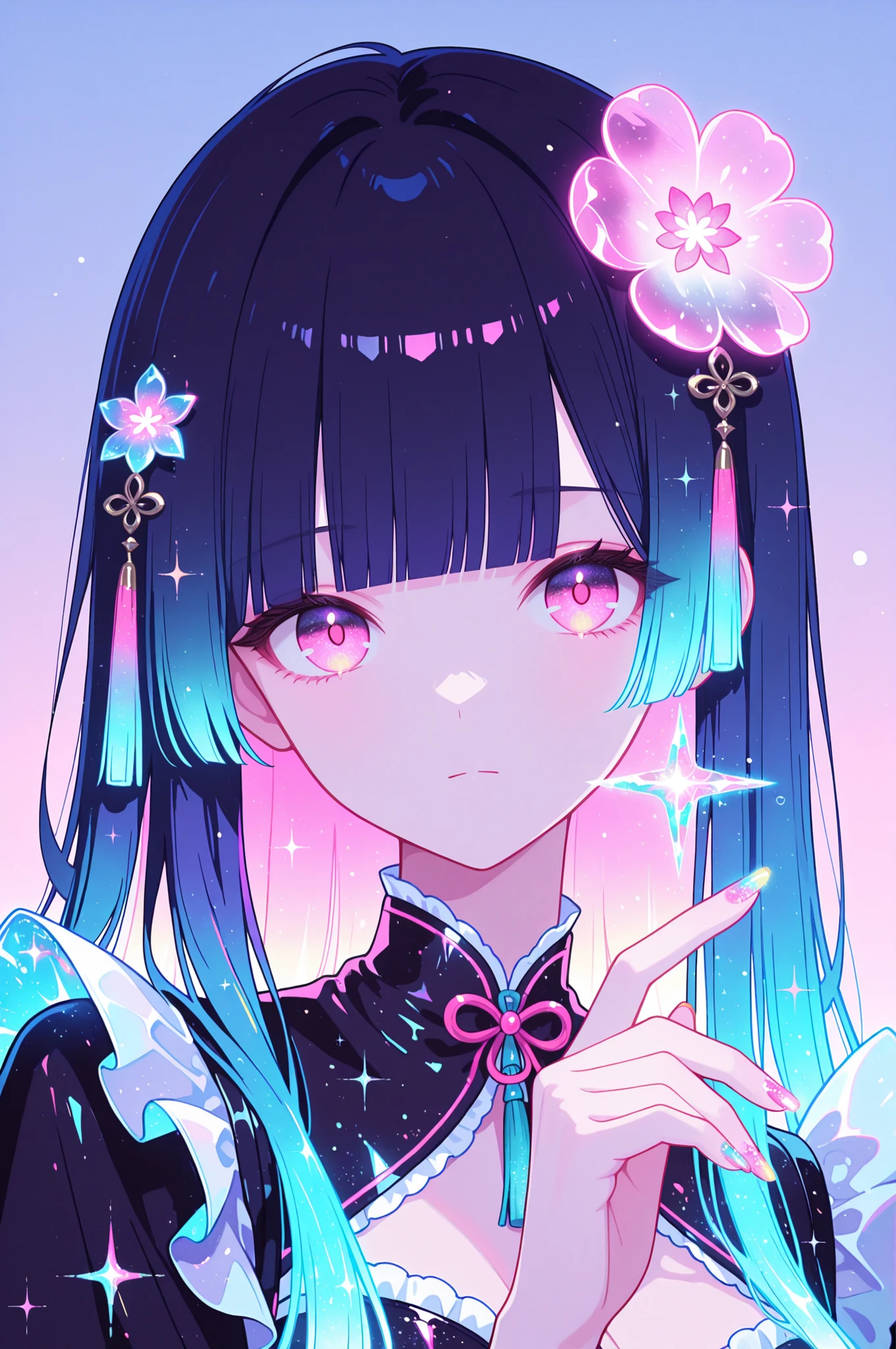 woman, solo, holofoil nails, looking at viewer, holographic, holofoil glitter, glowing, bangs, pink eyes, long hair, neon hair, glowing hair, hair ornament, hand up, flower, blunt bangs, closed mouth, tassel, ribbon, portrait, ethereal, pastel gradient background, frills, multicolored hair, upper body,