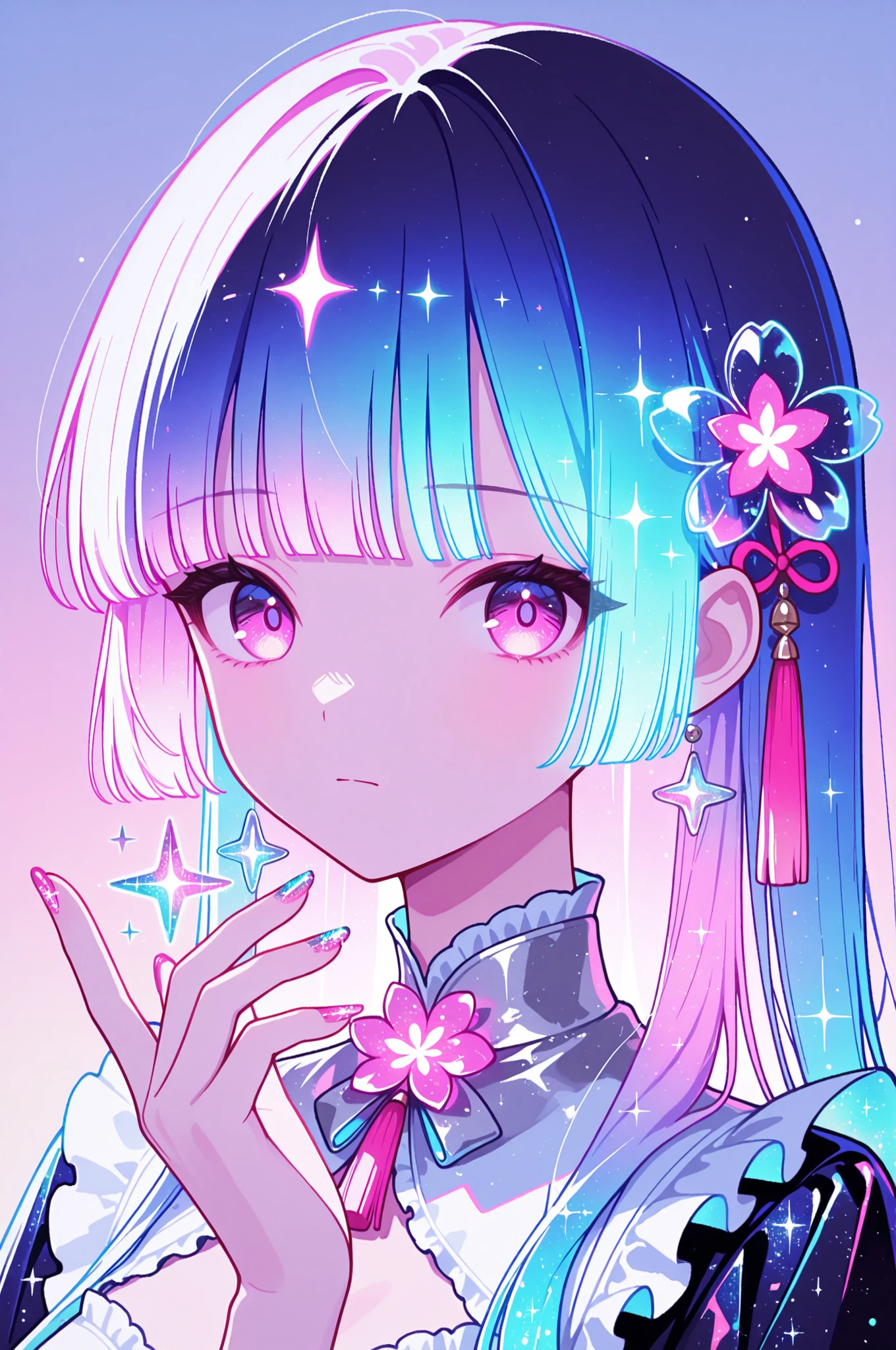 woman, solo, holofoil nails, looking at viewer, holographic, holofoil glitter, glowing, bangs, pink eyes, long hair, neon hair, glowing hair, hair ornament, hand up, flower, blunt bangs, closed mouth, tassel, ribbon, portrait, ethereal, pastel gradient background, frills, multicolored hair, upper body,