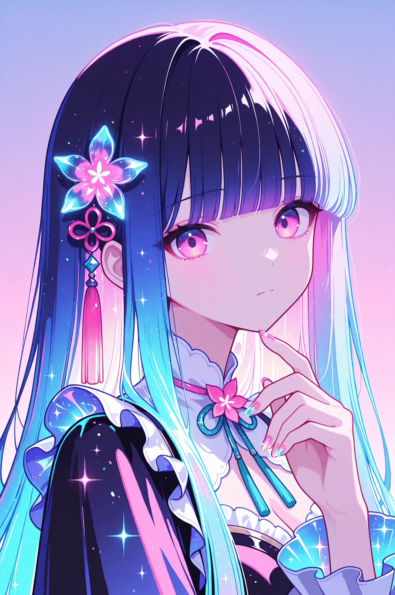 woman, solo, holofoil nails, looking at viewer, holographic, holofoil glitter, glowing, bangs, pink eyes, long hair, neon hair, glowing hair, hair ornament, hand up, flower, blunt bangs, closed mouth, tassel, ribbon, portrait, ethereal, pastel gradient background, frills, multicolored hair, upper body,