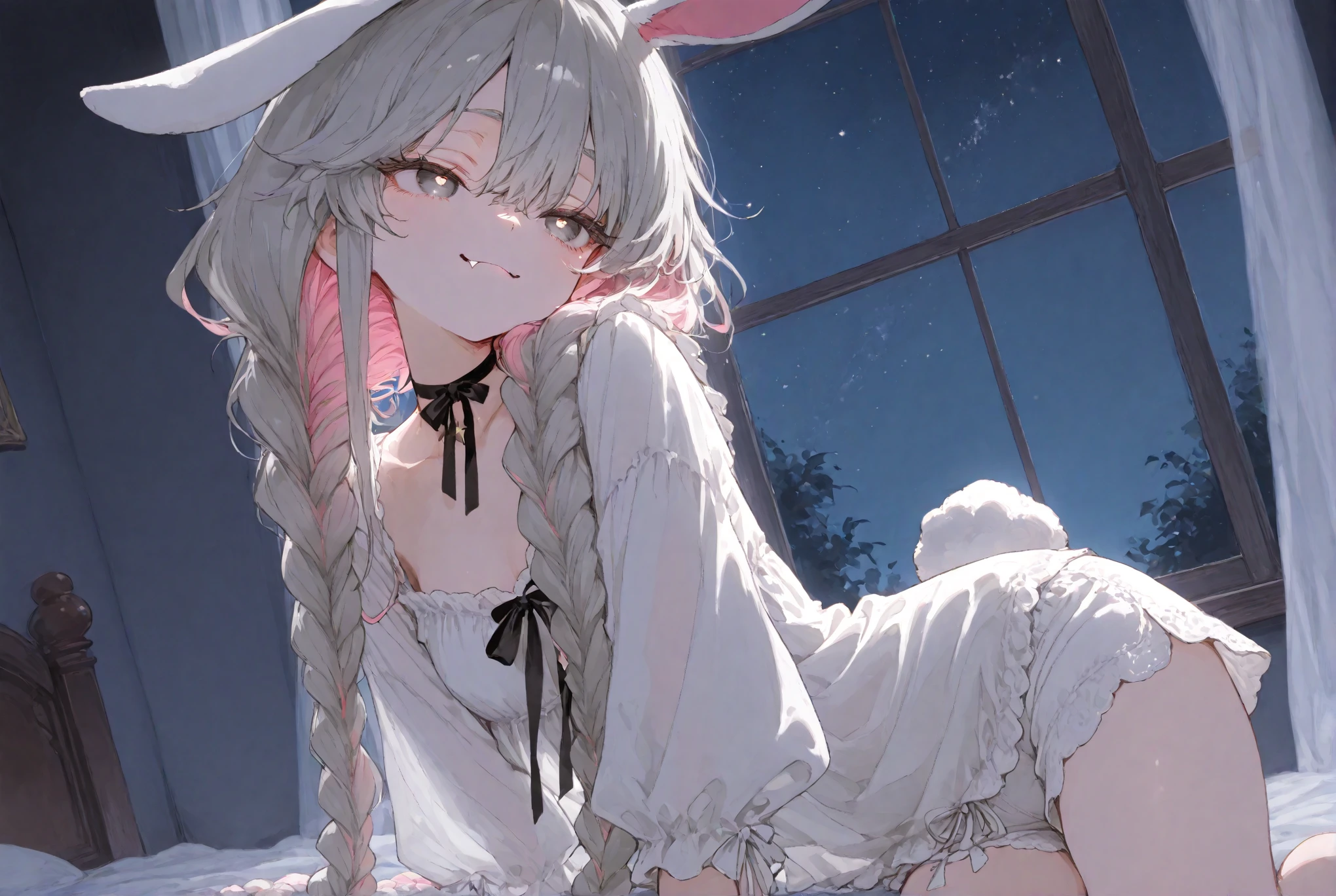 (masterpiece, best quality), ultra high resolution, (best quality photorealistic illustration), (ultra detailed), (cute illustration: 1.3), (high saturation: 1.2), detailed beautiful face and eyes, highly detailed background, dynamic lighting, (very delicate and beautiful), nice hands, perfect hands, (proper posture), (proper composition), ideal body proportions, ((single girl)), solo, (on all fours), (front view: 1.2), from below, dynamic angle, (close-up of upper body), royal bedroom with luxurious canopy bed, tapestry and artwork, (night: 1.3), resting, (manga style), (line art_animation), (cowboy shot, best quality), (photo of laura bud: 1.2), (add details of laura: 1.0), 8k, flat color: 0.8, single girl, smiling, (white One-piece dress, bedroom background, 1.5), white hair, long hair, beautifully detailed red eyes, saliva, on all fours, collar, leash collar, medium breasts, orgasm face, sexual climax, glamorous, rabbit tail, rabbit on head,