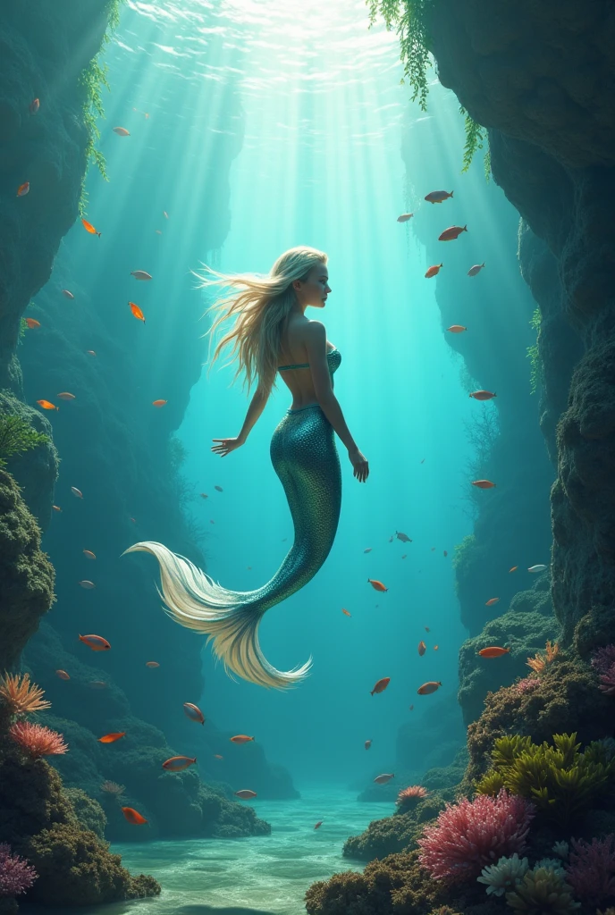 A stunning, seductive mermaid with flowing, iridescent hair gracefully swims through a tranquil underwater paradise. Surrounded by vibrant coral reefs and schools of colorful fish, her delicate tail shimmers in the soft, filtered sunlight that penetrates the deep blue sea. Aim for realistic depiction, make sure photos are at highest resolution (8K)