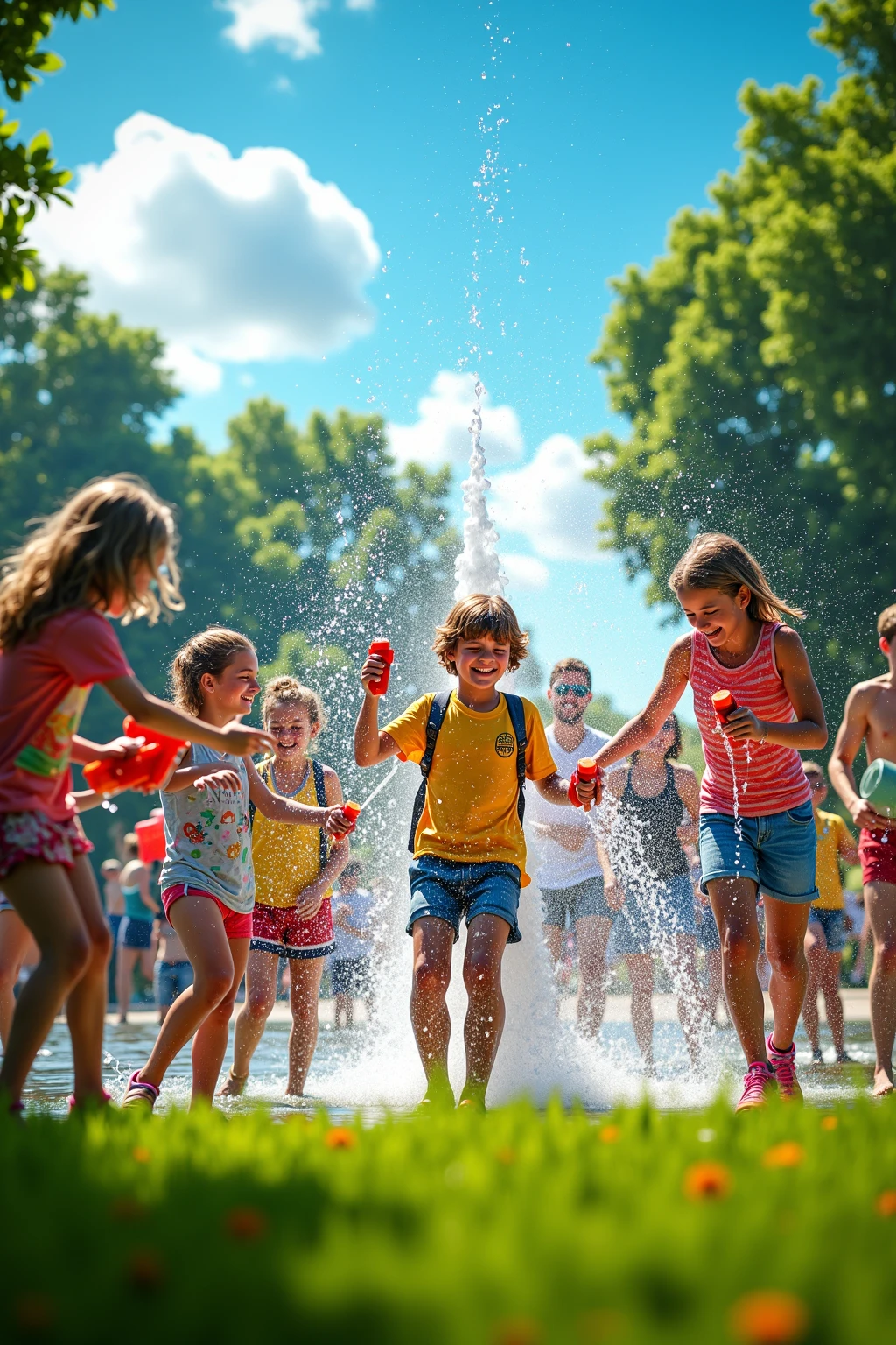A dynamic photo of several kids, aged 6-12, playing and running through thick soap foam that is cascading from a cannon attached to a basketball goal. The scene captures their joyful expressions, with their wet t-shirts and shorts clinging to their bodies, as they jump and play in the foam-covered playground.