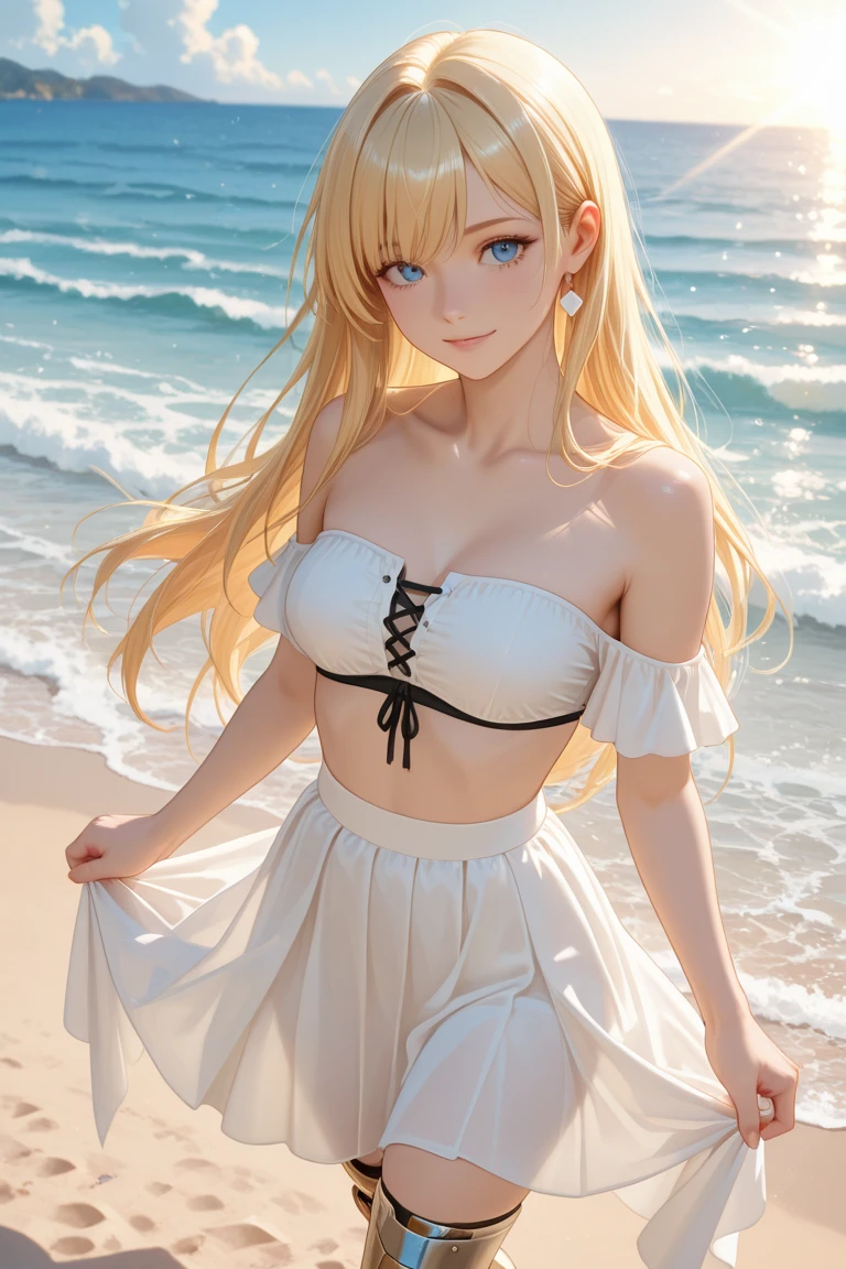 blonde color hair，Long hair that goes down to the waist，Blue pupils，White Skin，best qualtiy，Masterpiece，Girly image，slimfigure，Sweet smile，White Moon，lake scene，elegant white microbikini，tranquility and tranquility，the night, realistic photo, top-quality, a sailor suit, Ultra mini skirt, low rise skirt, White shorts, Beautiful belly button, Beautiful facial features, Hi-Res, and18, 1 girl, Android 18, 独奏, blonde hair, blue eyess, long hair, jewely, flat chest, cowboy shot, off shoulders, Sunset, Masterpiece, ultra-realistic image quality, best quality, realistic, hyper-detailed, dynamic lighting, high resolution, sharp focus, depth of field, fine details, high details, high quality shadows, beautiful details, ultra HD rendering, accurate, textured skin, high details, high quality, very detailed, high resolution, 8k, photo, photography, real person, a young girl, slim, soft body, Belly button, cute-elegant pose, slightly twisted, gently smiling, (shiny, sweaty skin: 1.4), slim body:1.5, (slim beautiful thigh:1.5), long elegant legs, looking at the viewer, naked flat stomach, belly-bare, white sneakers, (very tight white translucent microbikini: 1.7), ((transparent clothing)), long hair, blonde hair, (green eyes: 0.5), (eyes with fine details), (small flat breasts: 1.5), A-cup, slit in the crotch, wet body, shy face, HD picture quality, realistic picture quality, clean face, fair skin, slender legs, realistic face, (perfect face), exquisite face, (8K:1.2), solo, high-quality shadow, beautifully detailed, outdoor, day, sky, cloud, sunlight, full body, outdoor, day, nautical background, blue sky, very small chest, (small flat breasts: 1.5), A-cup, slit in the crotch, wet body, (very tight white translucent microbikini: 1.7), ((transparent clothes)), ((translucent ultraminibikini:1.7))