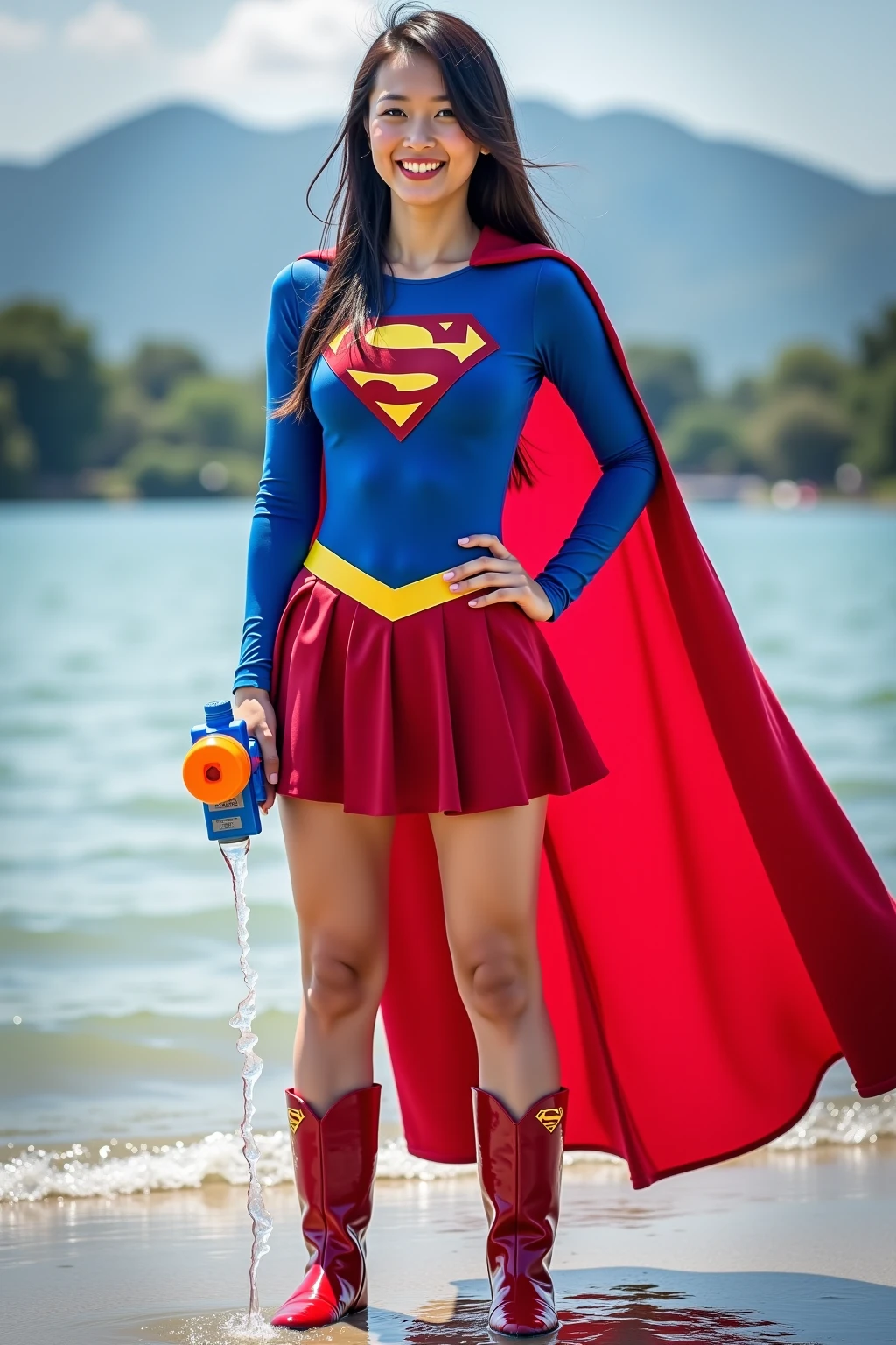 RAW, Best quality, high resolution, realistic, masterpiece: 1.3), Supergirl, black hair, perfect nose, perfect lips, perfect eyes, smiling, detail :1.2), supergirl in short red skirt, blue supergirl skinsuit, full body image detail, watery eyes, RAW, Best quality, high resolution, masterpiece, duchenne smile, toothy smile, show back side, standing, cross legs, spread legs wide open showing white lace panties, red skirt, show cameltoe, medium thick thigh, The Catlins waterfalls, full body picture.