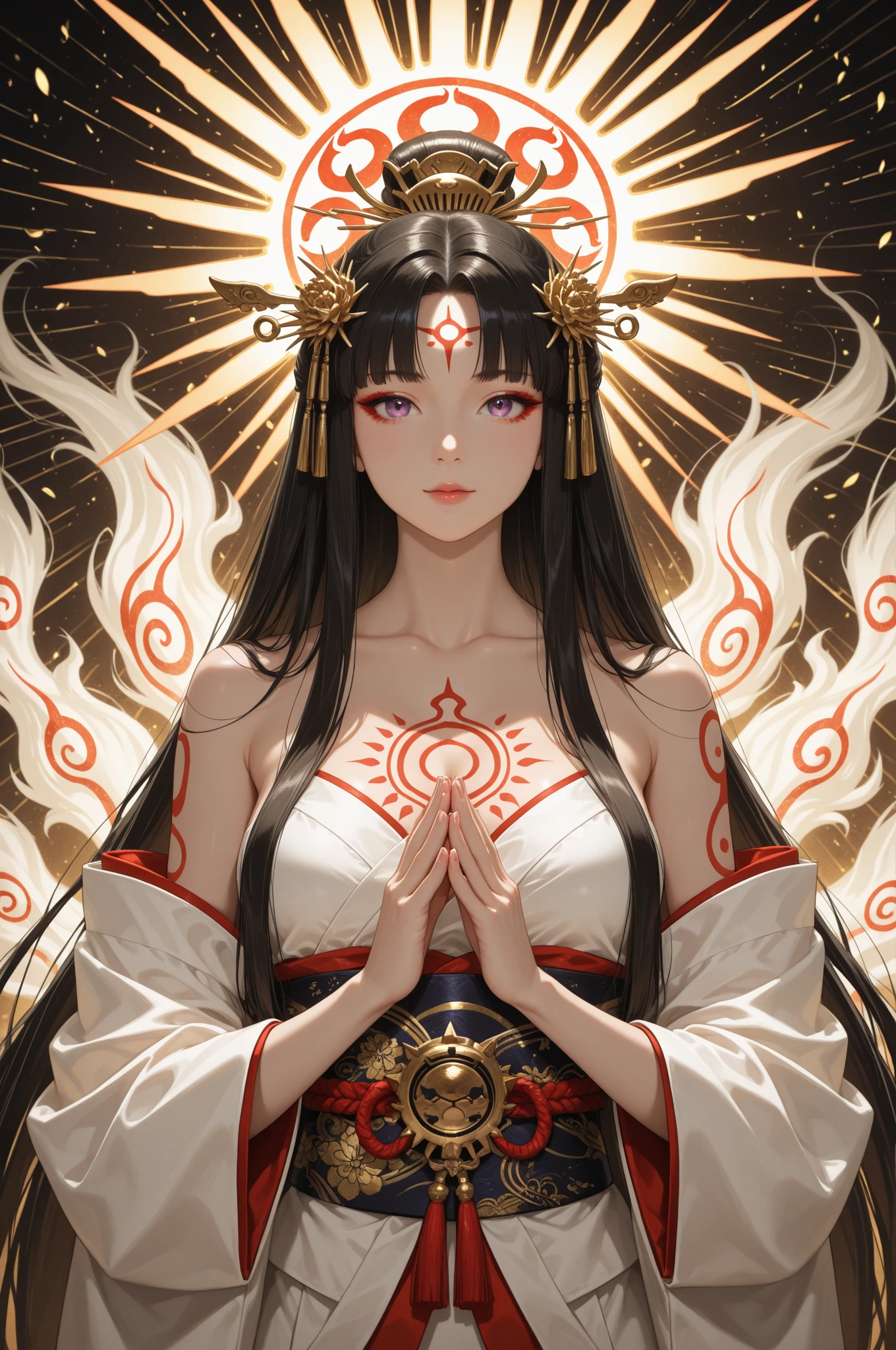masterpiece,highest quality,Ultra high definition, Amaterasu, Japanese mythology, sun goddess, noble woman, Amaterasu, shining attire, sacred atmosphere, Ama-no-Iwato, beautiful nature, divine light, white and red kimono, long, black straight hair, (light amber eyes), light complexion, golden crown, delicate cherry blossom shaped earrings, necklace with shining sun motif, Gold ornament shining on the forehead, (two-parted bangs), whole body,smile,smiling,Big Sky Background,(hair parted in the middle)