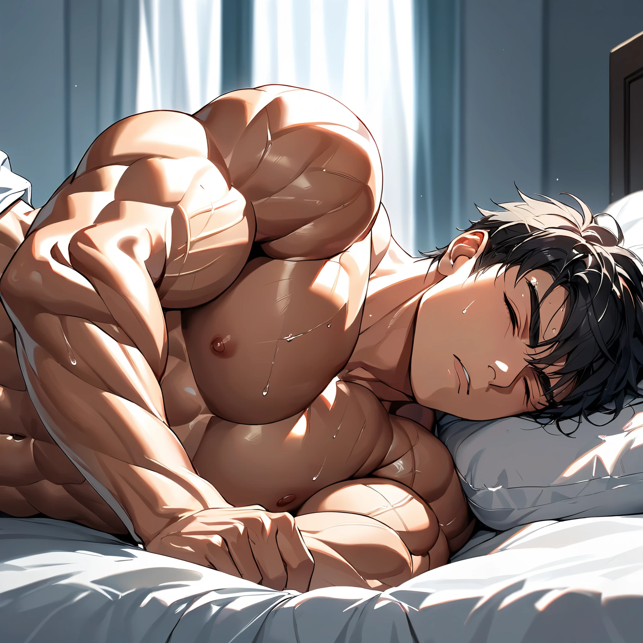 high quality, detailed, Realistic,(one 16 years old tanned japanese wrestler boys:1.5), (detailed black eyes), (black short hair), (muscle:1.5), (tanned dark brown skin), (black tiny thong), (bulge), (detailed nipples), detailed areola, best quality, 4k, 8k, highres, (masterpiece:1.2),ultra-detailed, (realistic, photorealistic, photo-realistic:1.37), bed,(sleeping),--no watch,
