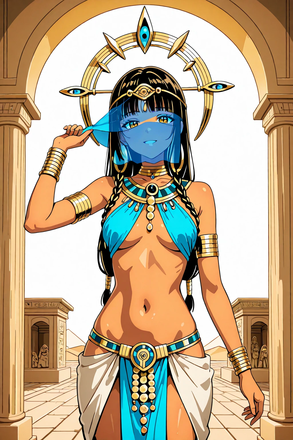 (full body):2),{((Only a female Mumia):1.2)}, ((Wearing black Egyptian attire, headbands on her body and face)1.2), ((black hair long to her shoulders, sparkling blue eyes) 1.2), ((doing erotic pose on a sarcophagus, looking at viewer, smiling):1.2), ((extremely large breasts):1.2),\n ((Ancient Egyptian tomb full of sarcophagi and scarabs stuck in the walls ):1.2), anime, anime-style, 16k, ((best quality, high details):1.4), masterpiece, UHD