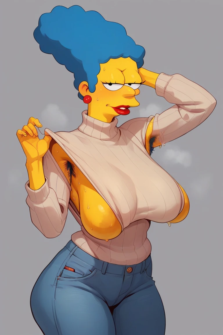 Sarah,orange hair, lips, serious look, angry,  black eyes,  
hoop earrings, denim jeans, shoes, 
outside, neighborhood, cartoon, morning,  red in the face, 
 solo , lifting shirt showing breasts, nsfw, busty breasts, topless , nsfw