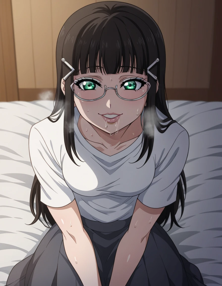 (Perfect body),Highest quality,16K、Masseter muscle area、((Browsing Caution))、((((Embarrassing))))、(Huge nipples、Breast augmentation)、Are crying、(obesity)、(kiss)、、short hair、(Red eyes),Black Hair、((Sweat))、(Bedroom at night)、Glasses
