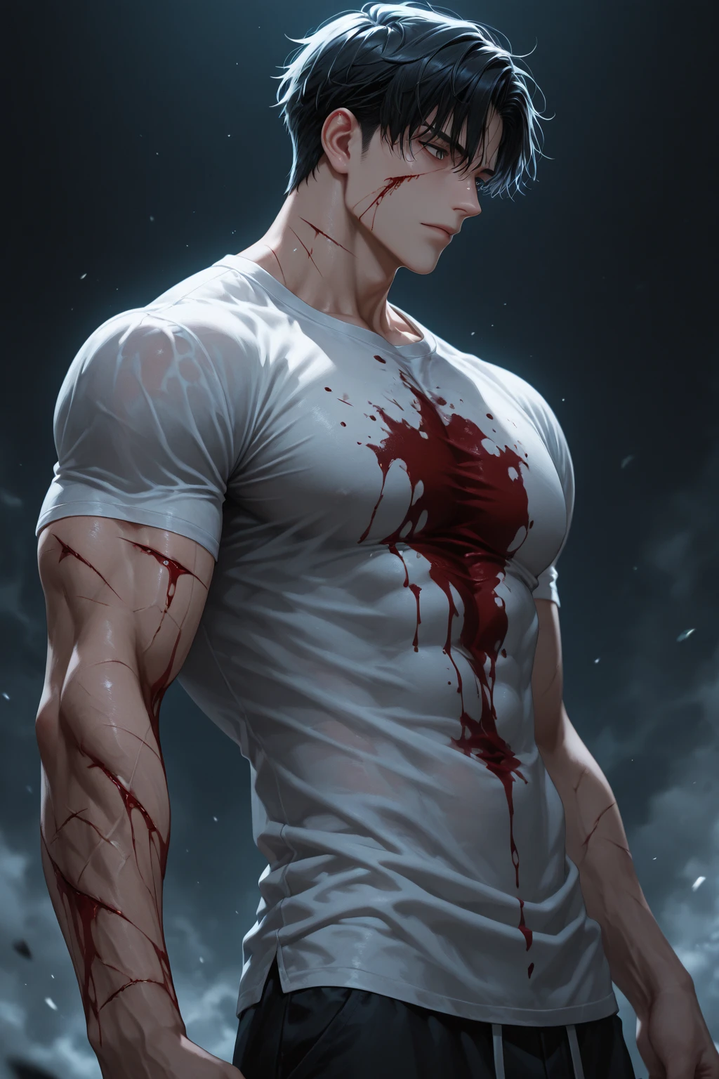 (NSFW:1.5), (Create a masterpiece: 1.2),(CGI art:1.3),(realistic:1.5),(After processing:1.3), (Sharp focus:1.3), male Chris Redfield, open mouthตกใจ, (Navy blue round neck T-shirt with short sleeves.: 1.3), Navy cargo pants, ,( abrasions on face: 1.5), (Blood stains on the face and body: 1.5), Korean guy , korean men, (High gloss details), chest muscles, large arm muscles, blood vessel, Big muscles, Broad shoulders, looking at the audience, Balancing the eyes, (Eyes look up: 1.1) , (genital very long big : 1.5), (Big testicles), (Erection of the penis: 1.5), (Cum: 1.5) , (open mouth: 1.6), see teeth, (Open your eyes wide.: 1.3 ), (Eyes look up: 1.3 ), (Torn shirt: 1.5), middle of the road,(Fire blazes behind) ,(Many leech worms:1.5)