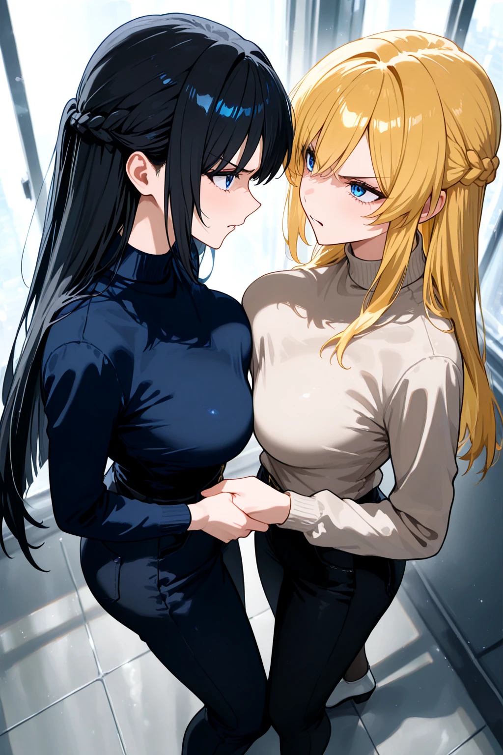 A couple of friends hugging in an emotional farewell atmosphere, next to a spaceship. The boy is tall and adult, with black hair and black eyes, wearing a Dragon Ball Z style battle suit. The girl has blonde hair, blue eyes, and has two pigtails falling over her shoulders decorated with pink ribbons. She wears a pink jumpsuit dress. The art should capture the iconic style of Dragon Ball Z, with an atmosphere that reflects the emotion and sadness of the moment of farewell.