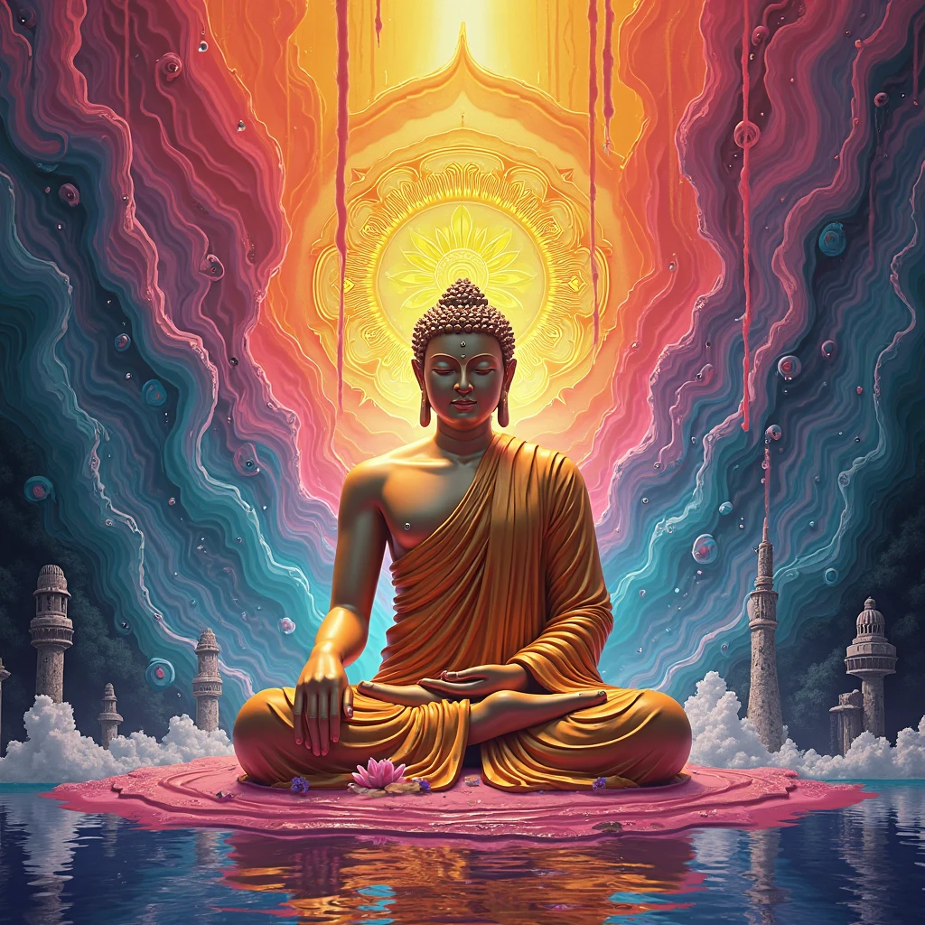 A drawing by a drug addict, paints, Buddhist statue, elaborate decoration, Surrounded by an aura of divine light