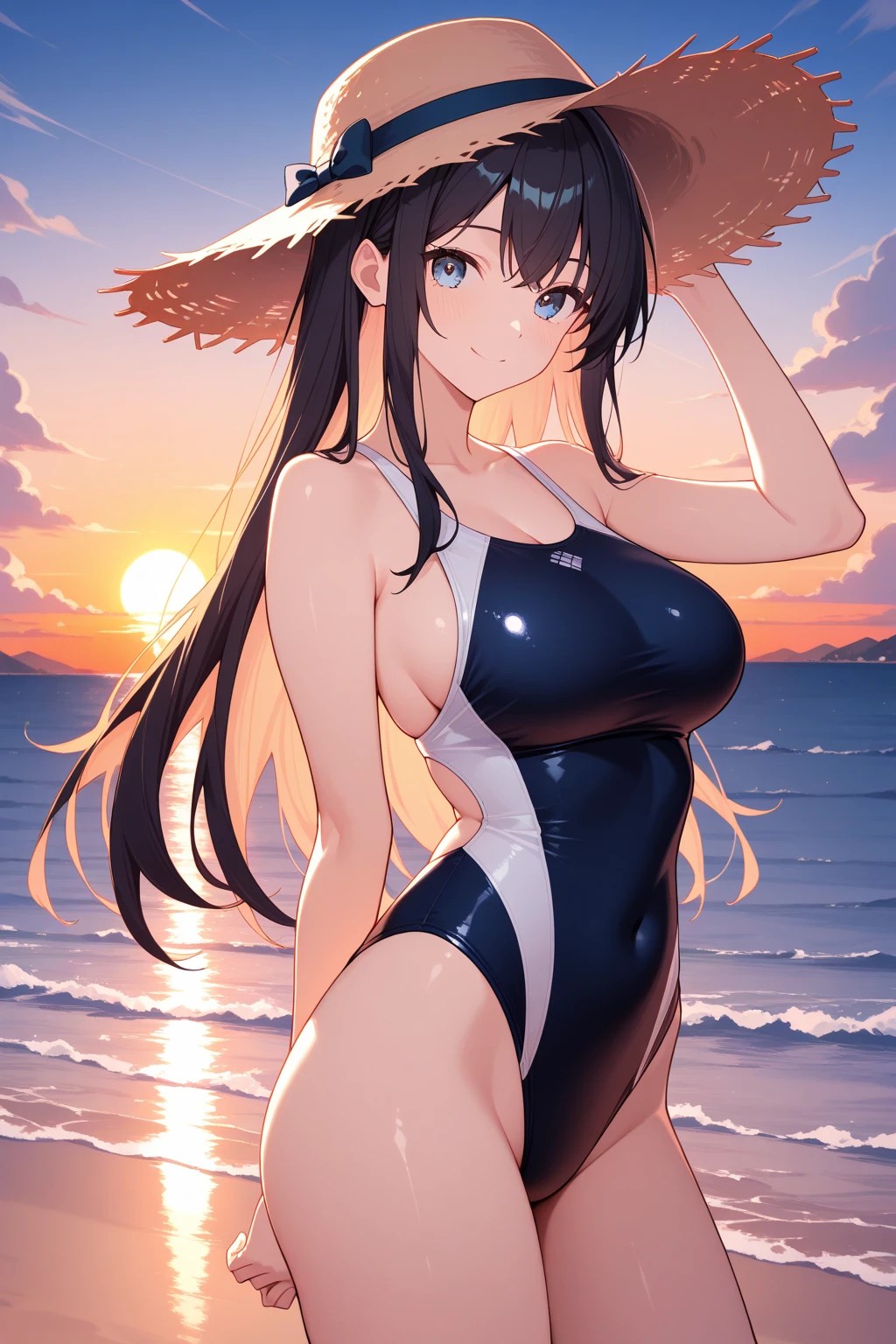 1girl, dark skin, dark-skinned female, black hair, long hair, yellow eyes, yellow beret, beret, one-piece swimsuit, competition swimsuit, black swimsuit, black one-piece swimsuit, yellow trim, light smile, large breasts, thick thighs, beach